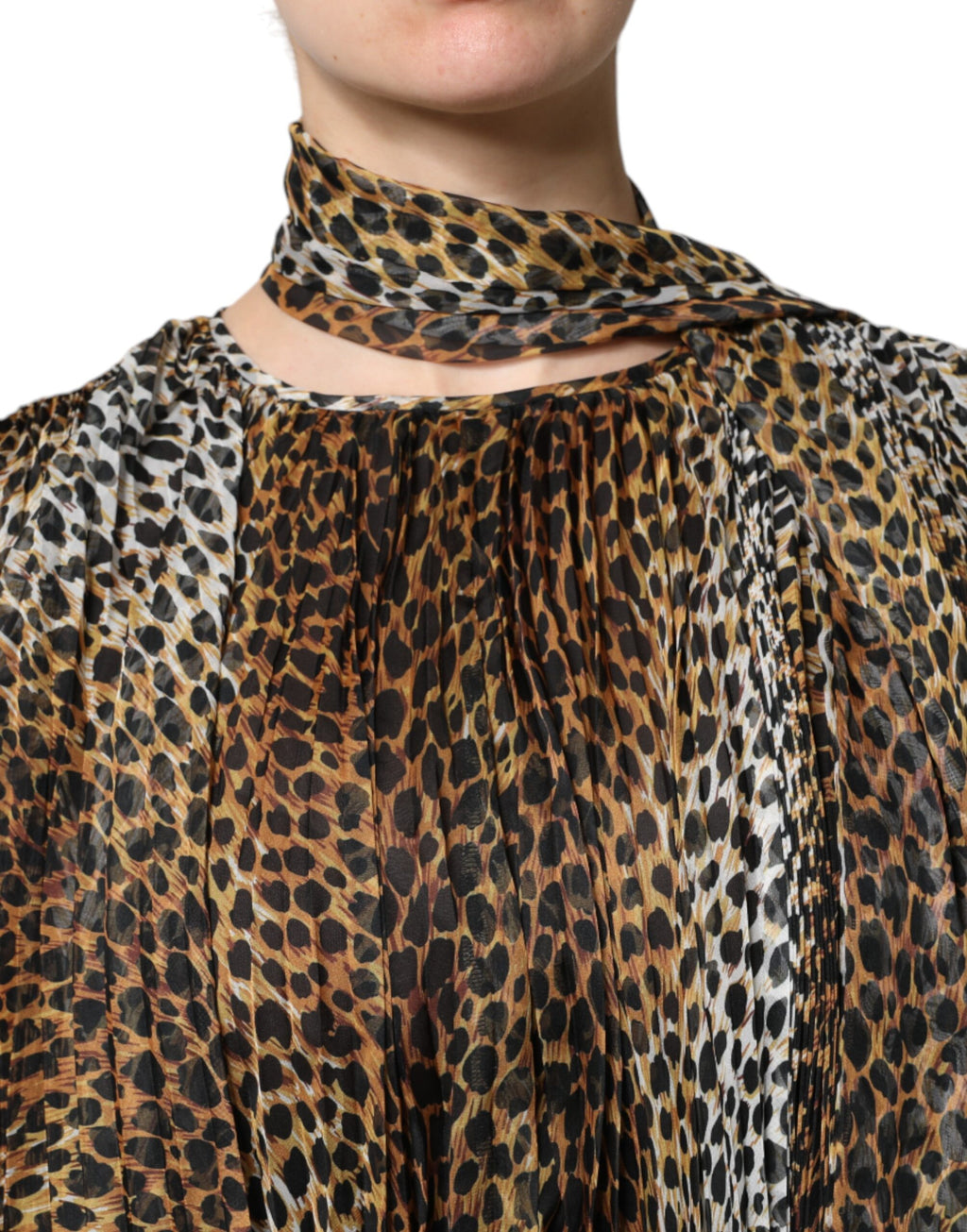 Dolce & Gabbana Braunes Chiffon-Kleid mit Leopardenmuster und Schal