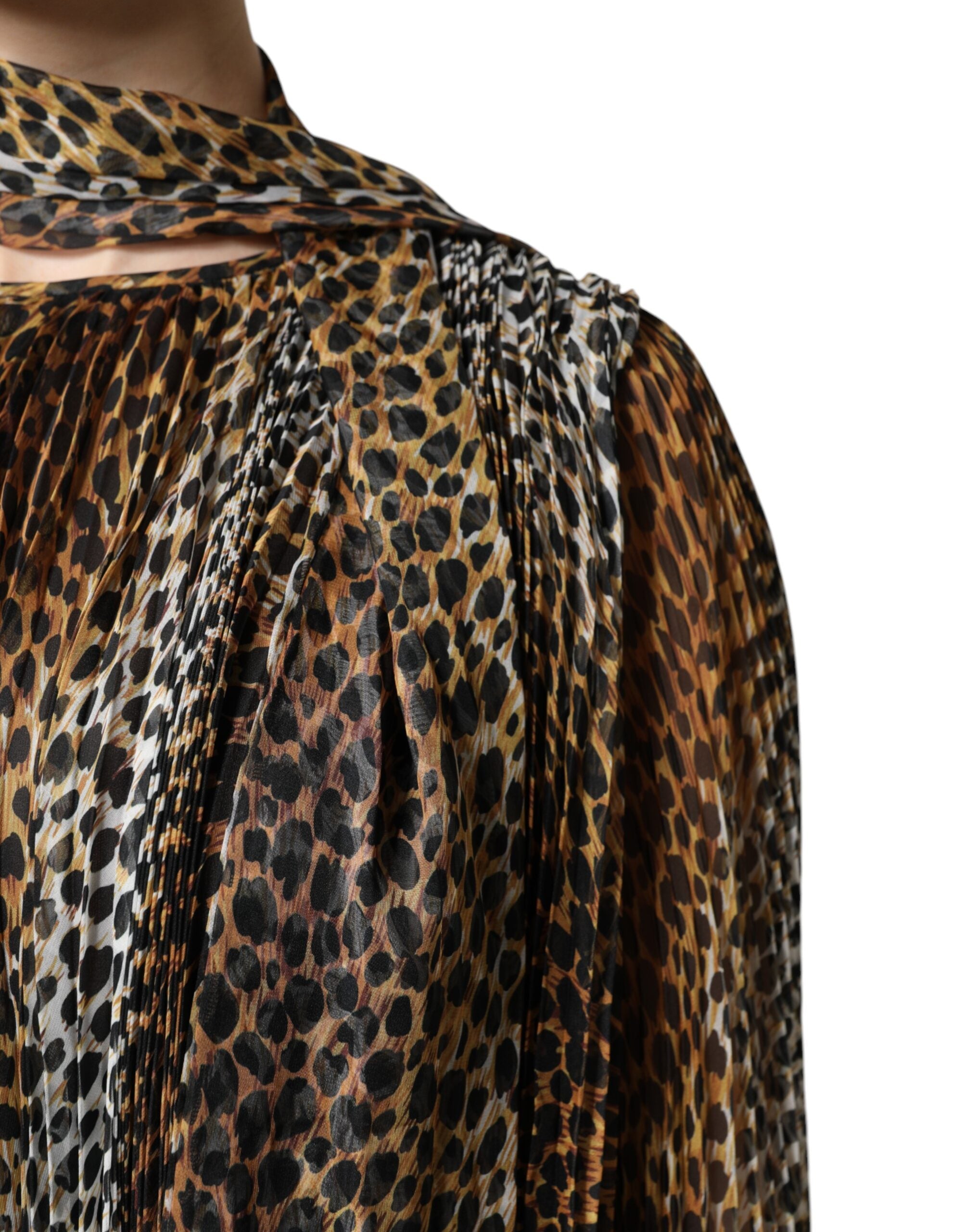 Dolce & Gabbana Braunes Chiffon-Kleid mit Leopardenmuster und Schal