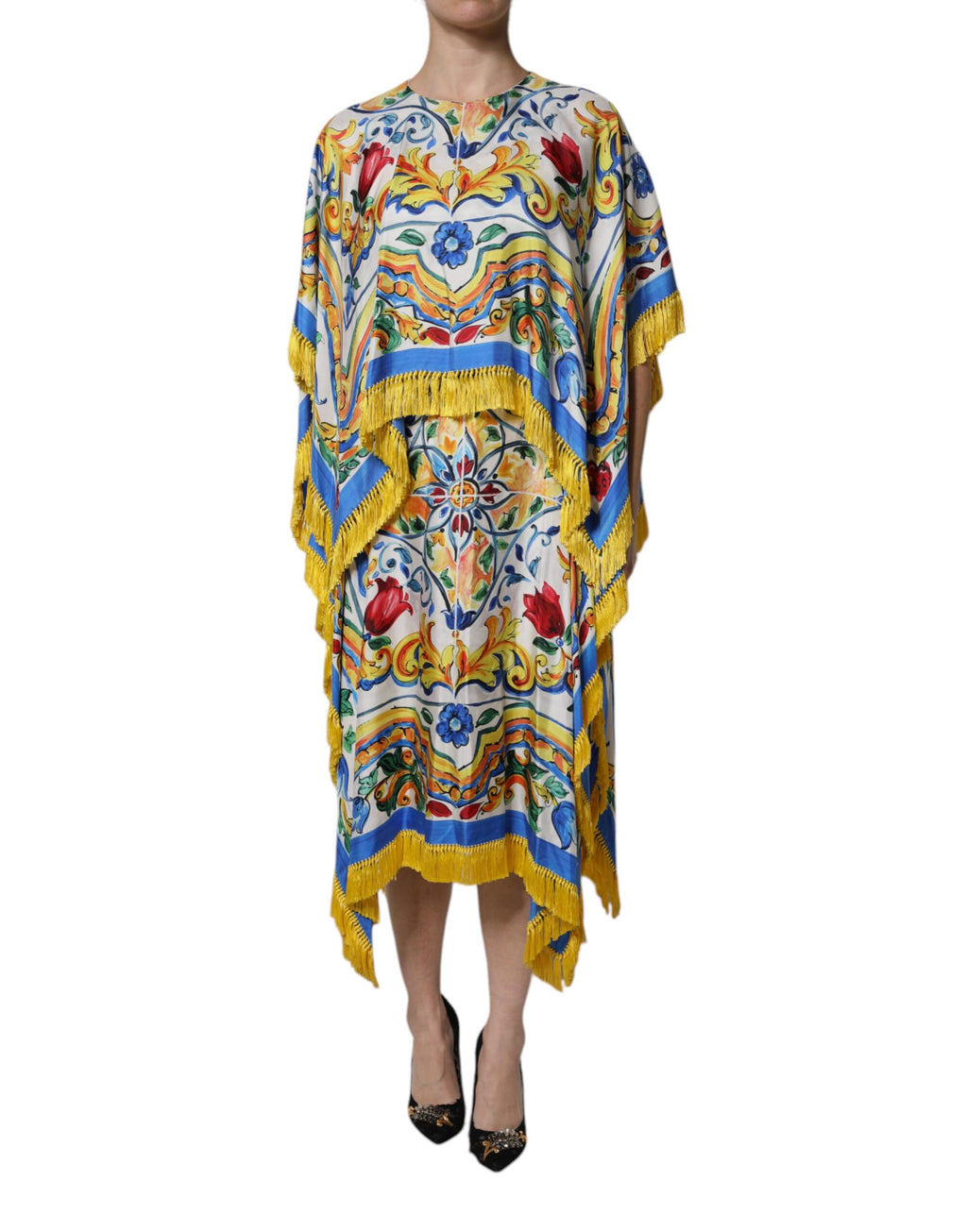 Dolce & Gabbana Mehrfarbiger Majolika-Kaftan, kurze Ärmel, Maxikleid