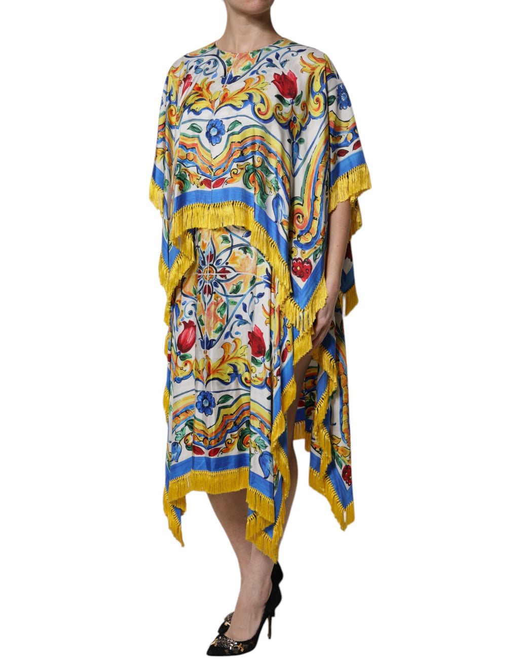 Dolce & Gabbana Multicolor Majolika Kaftan Kurzärmeliges Maxikleid