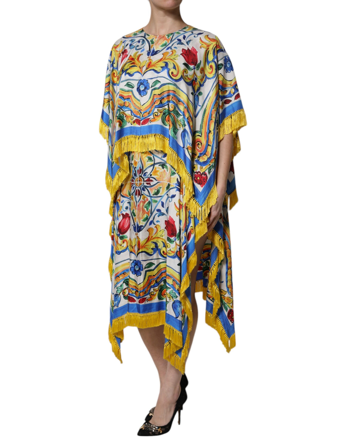 Dolce & Gabbana Mehrfarbiger Majolika-Kaftan, kurze Ärmel, Maxikleid