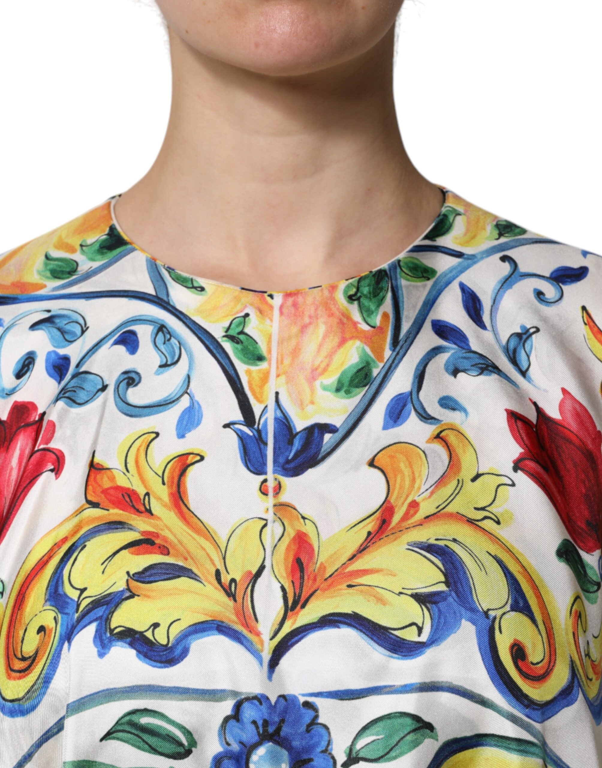 Dolce & Gabbana Multicolor Majolika Kaftan Kurzärmeliges Maxikleid