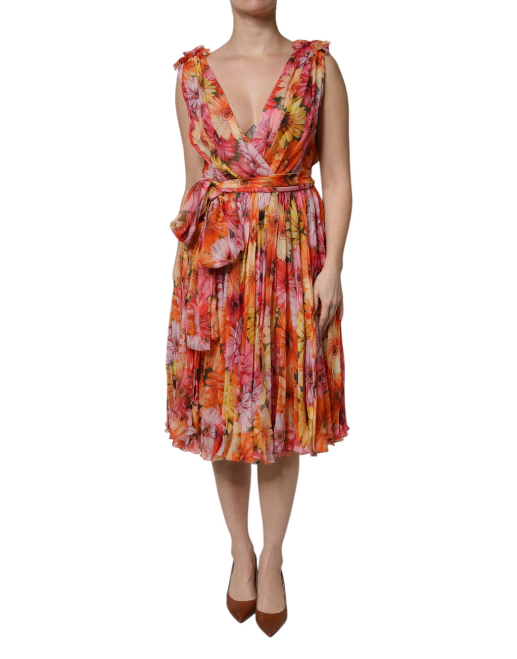 Dolce & Gabbana Multikleurige Gebloemde Zijden Chiffon Jurk met V-hals