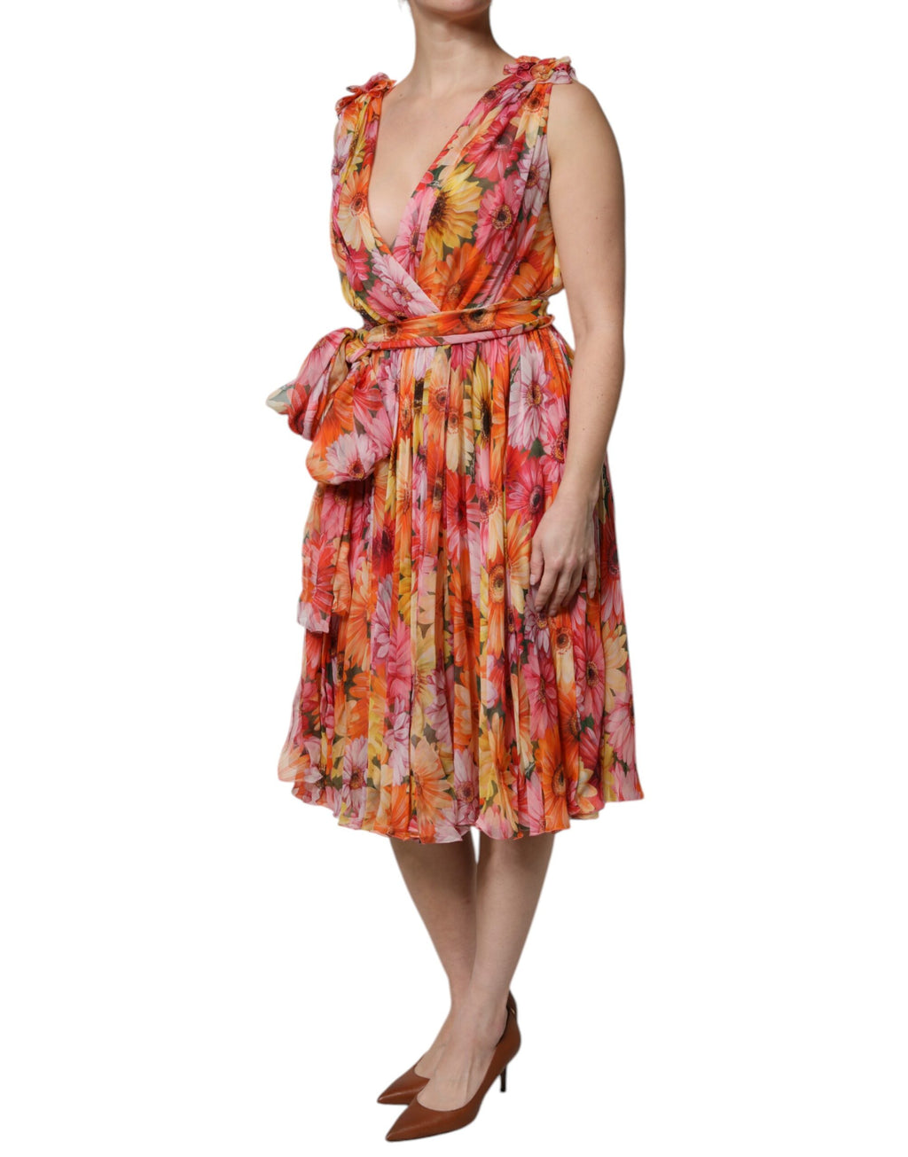 Dolce & Gabbana Multikleurige Gebloemde Zijden Chiffon Jurk met V-hals