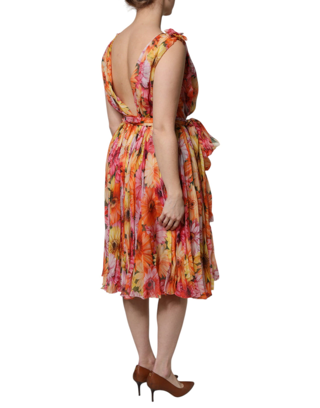 Dolce & Gabbana Multikleurige Gebloemde Zijden Chiffon Jurk met V-hals