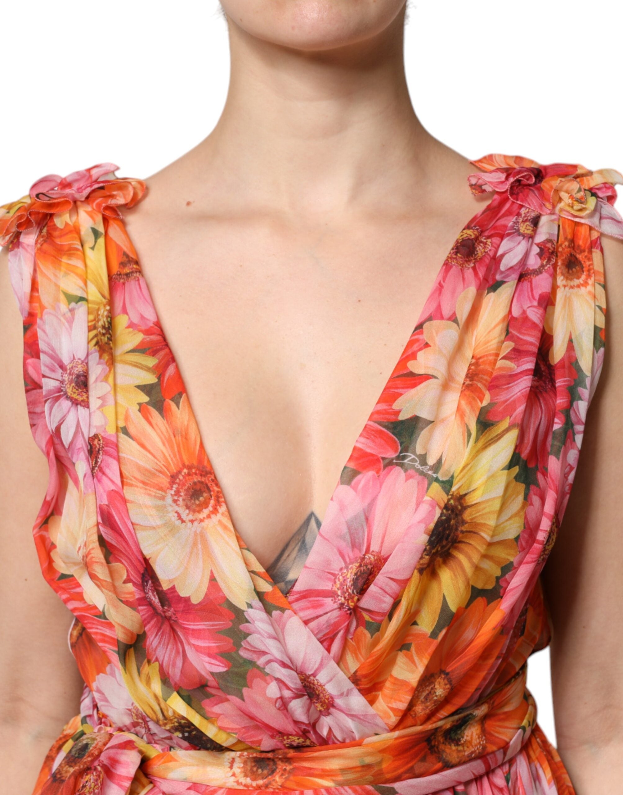 Dolce & Gabbana Multicolor Floral Seide V-Ausschnitt Chiffon Kleid