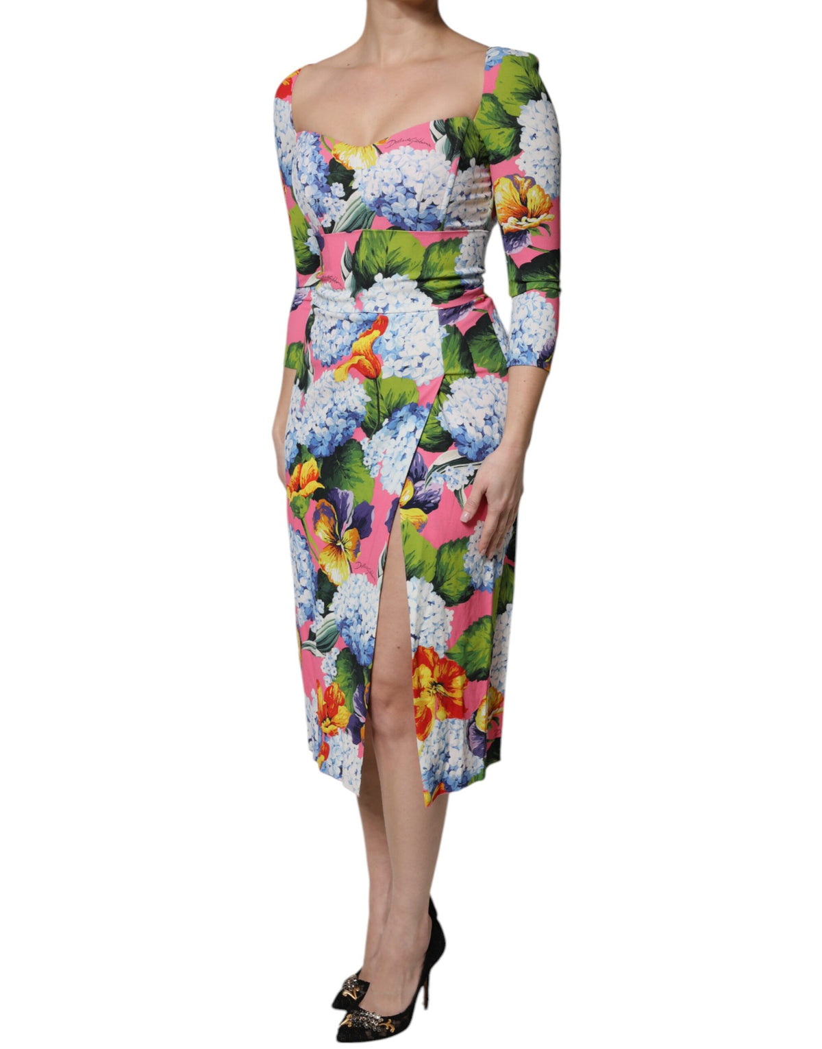 Dolce & Gabbana Midikleid mit seitlichem Schlitz und mehrfarbigem Blumenmuster