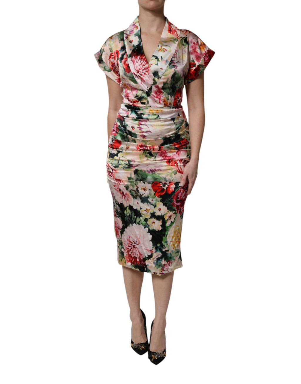 Dolce & Gabbana Multikleur Bloemen Jurk met Korte Mouwen en Schede Silhouet
