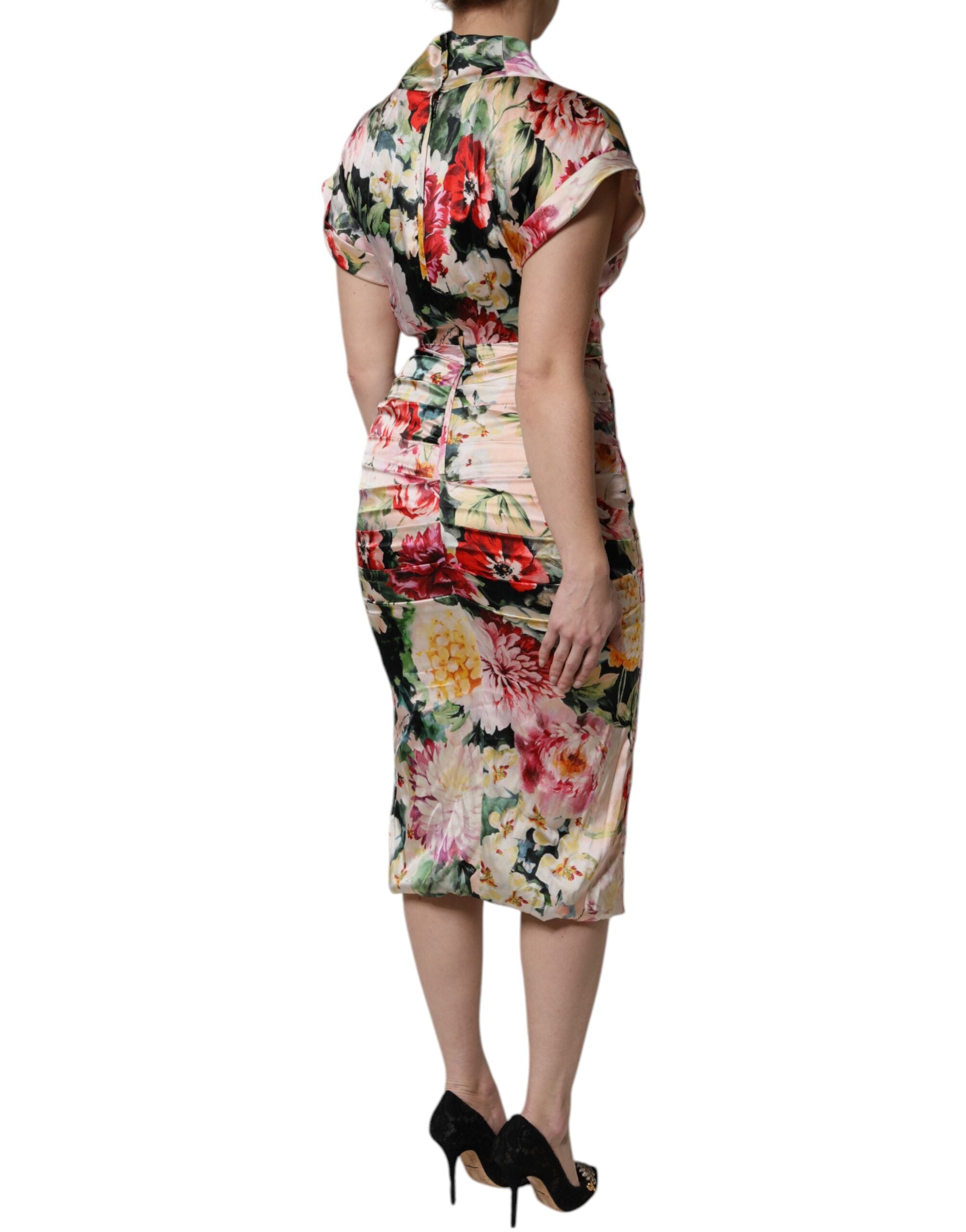 Dolce & Gabbana Multicolor Floral Kurzärmeliges Etuikleid Midikleid