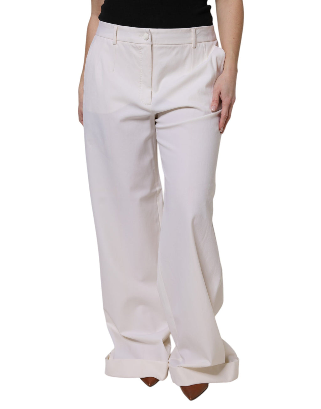 Dolce & Gabbana White Wool Mid Waist Wide Leg Pants
