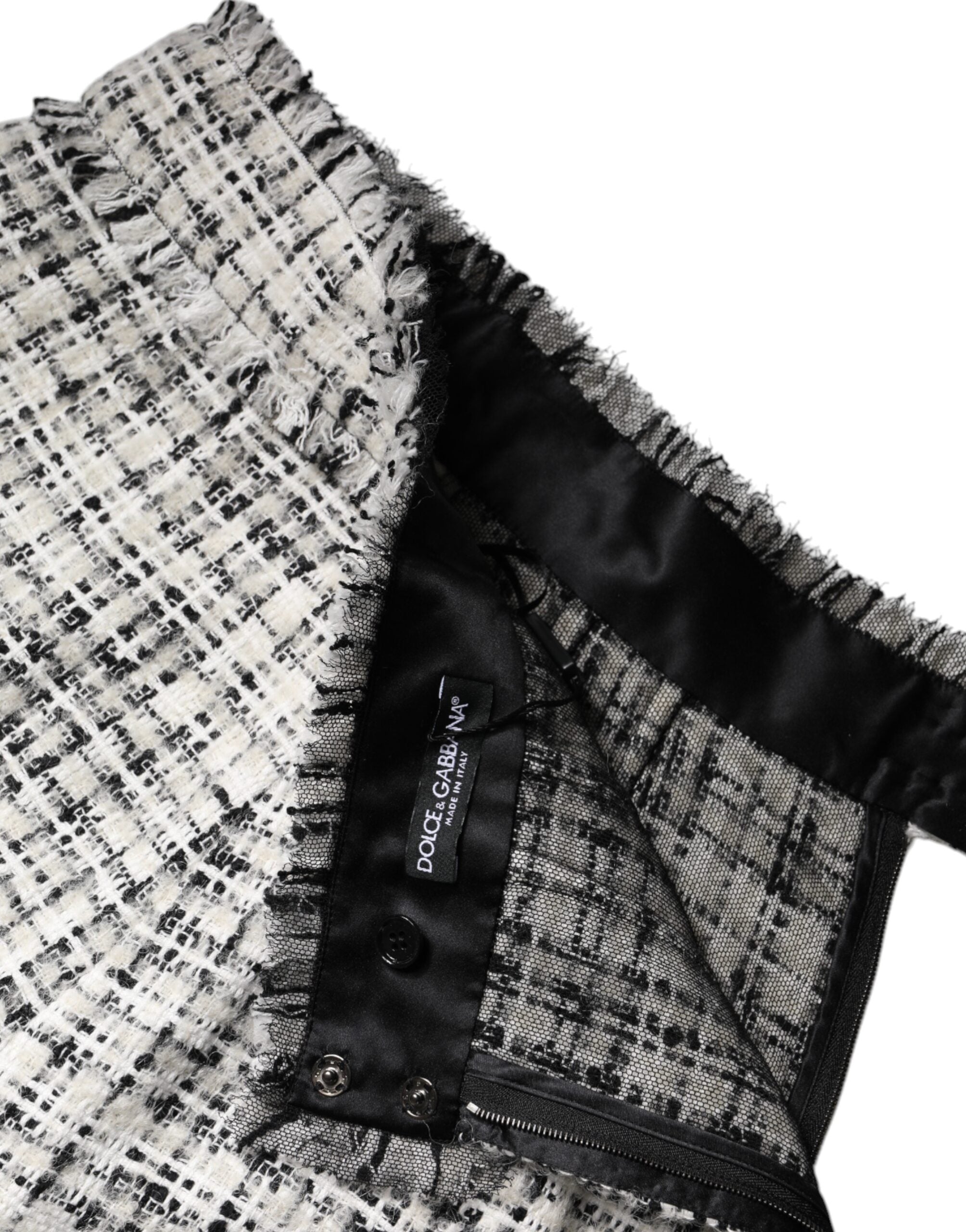 Dolce & Gabbana Weiß Schwarz Hochtaillierter Tartan Tweed Minirock