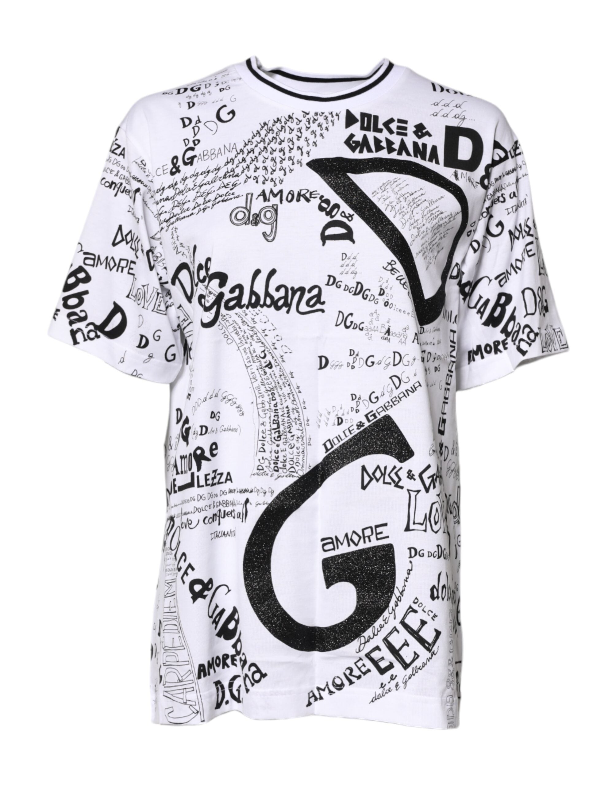 Dolce & Gabbana Weißes T-Shirt mit Rundhalsausschnitt und Graffitidruck aus Baumwolle
