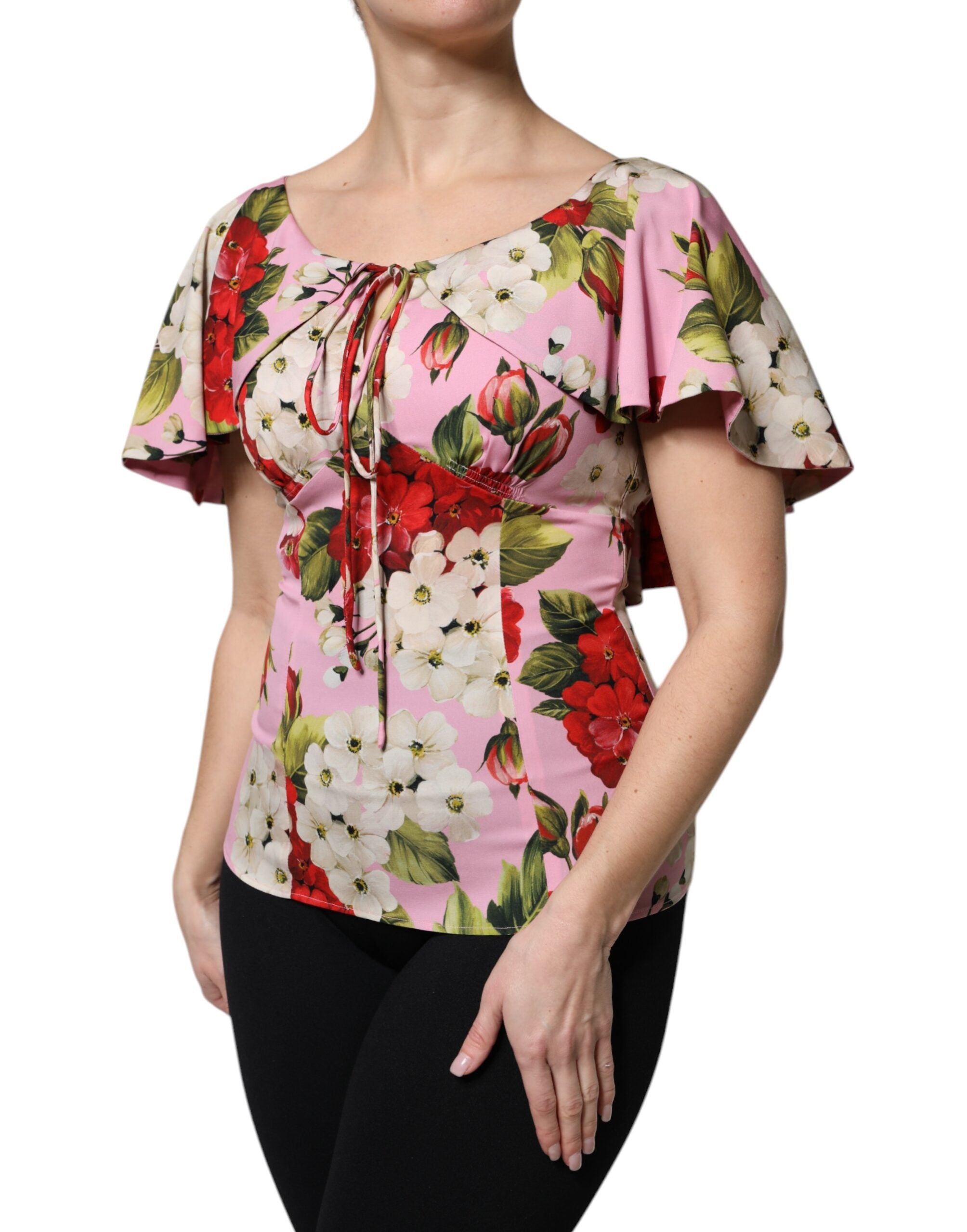 Dolce & Gabbana Rosa geblümtes Seidenblusentop mit kurzen Ärmeln