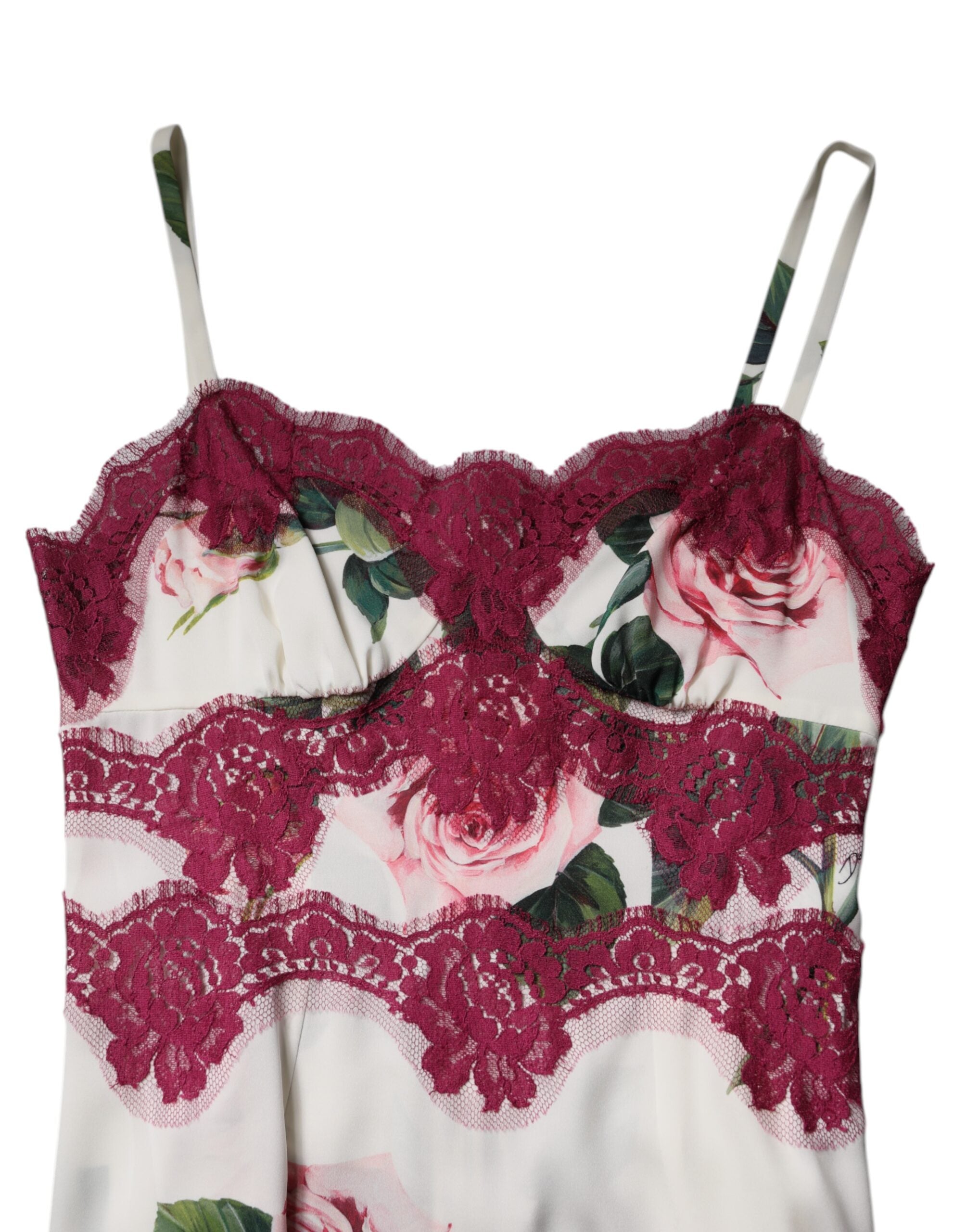 Dolce & Gabbana Weißer Rosendruck Satin Spitze Tank Top Lingerie