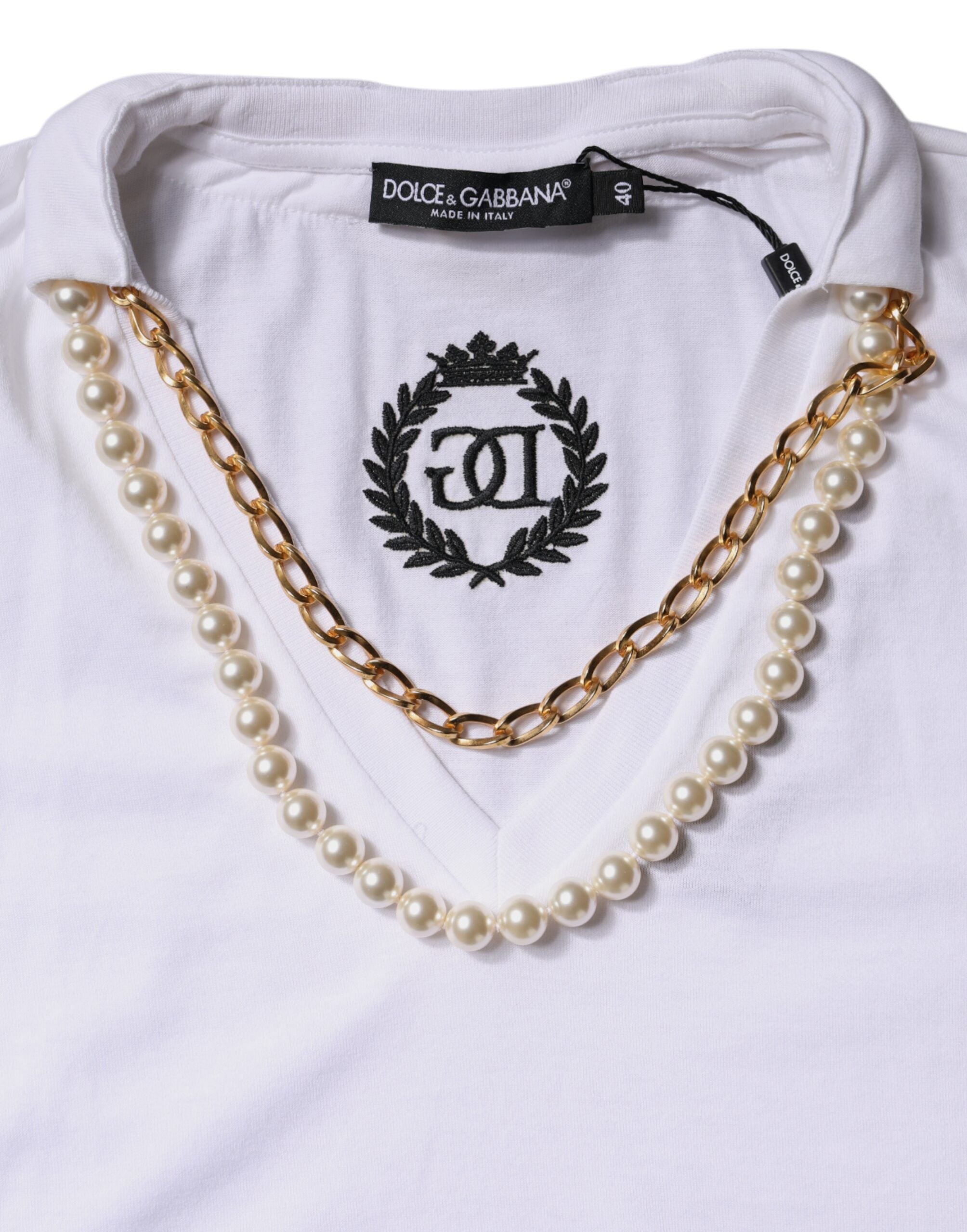 Dolce & Gabbana Weißes Baumwoll-T-Shirt mit kurzen Ärmeln und Halskette