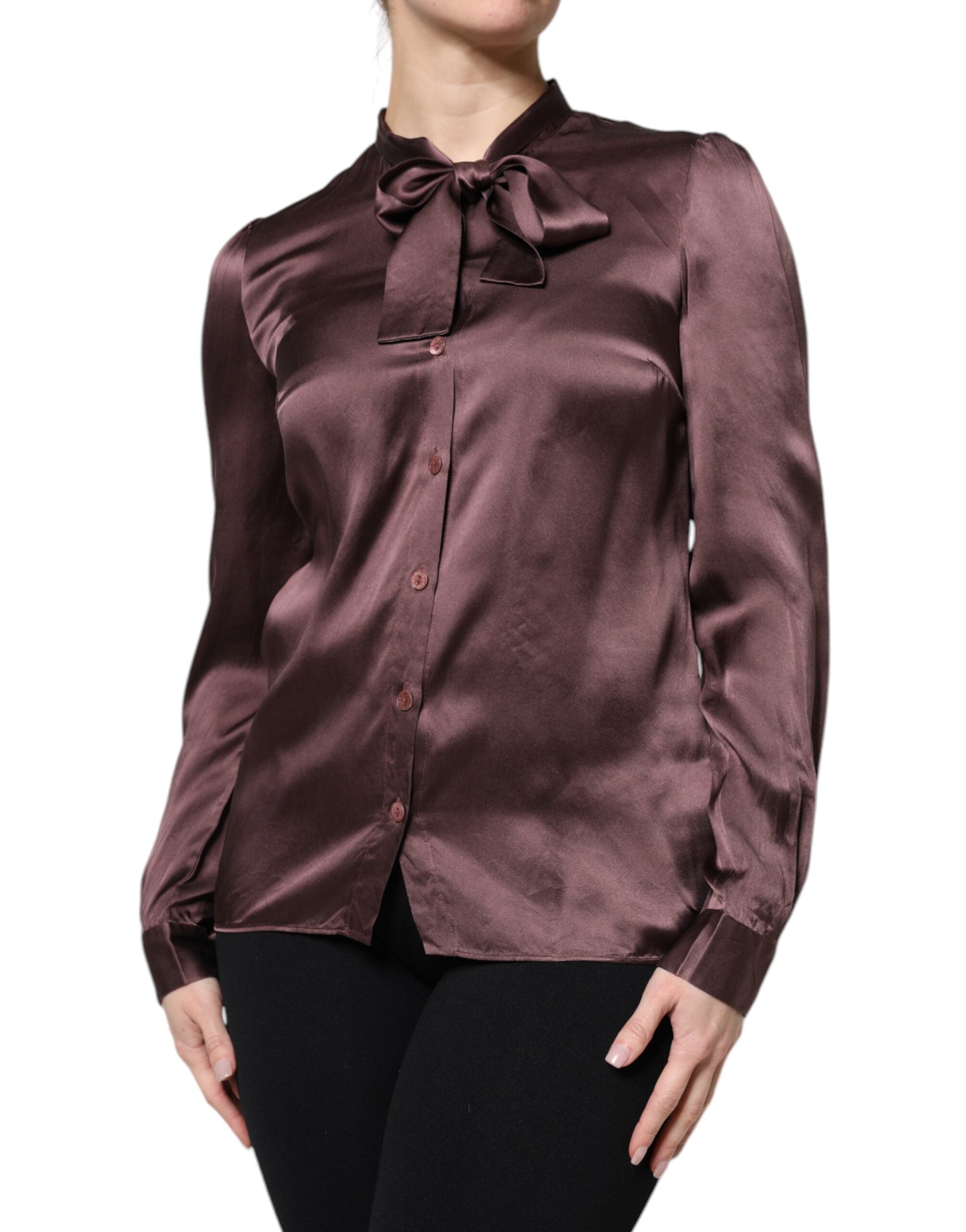 Dolce & Gabbana Braunes Ascot-Kragen-Langarm-Blusentop