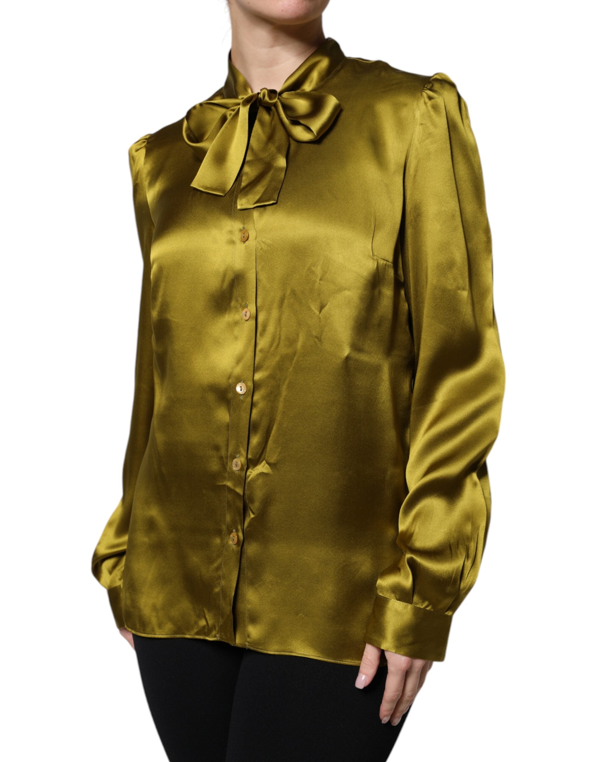 Dolce & Gabbana Olivgrüner Ascot-Kragen Langarm-Bluse Top