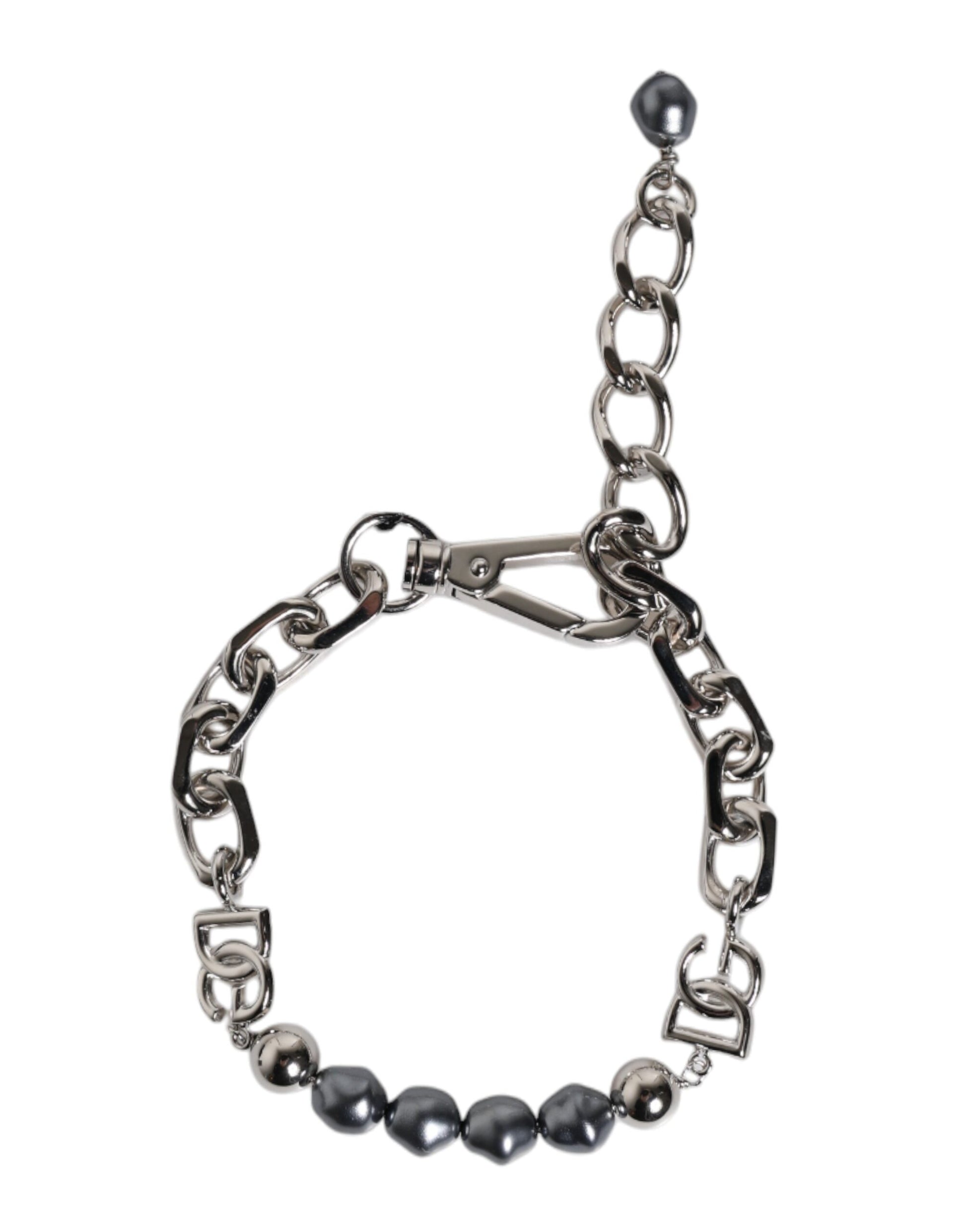 Dolce & Gabbana Silberfarbene Kette Karabinerverschluss Logo Graue Perlen Armband