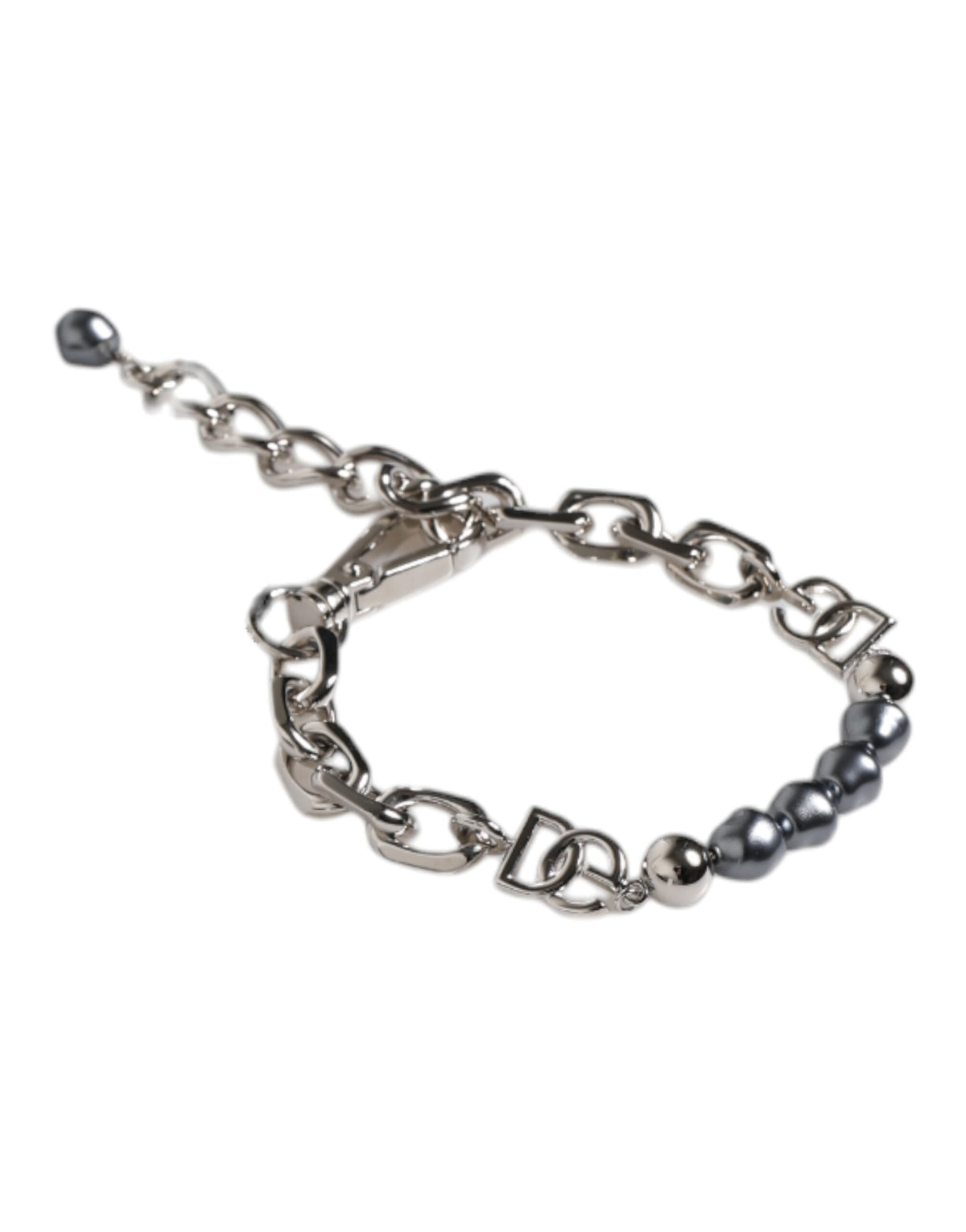 Dolce & Gabbana Zilverkleurige Ketting Karabijnsluiting Logo Grijze Parels Armband