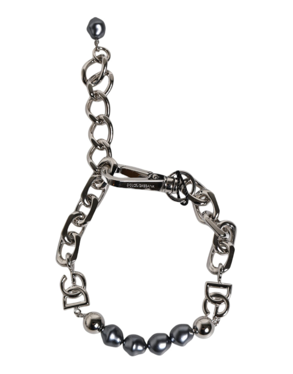 Dolce & Gabbana Zilverkleurige Ketting Karabijnsluiting Logo Grijze Parels Armband