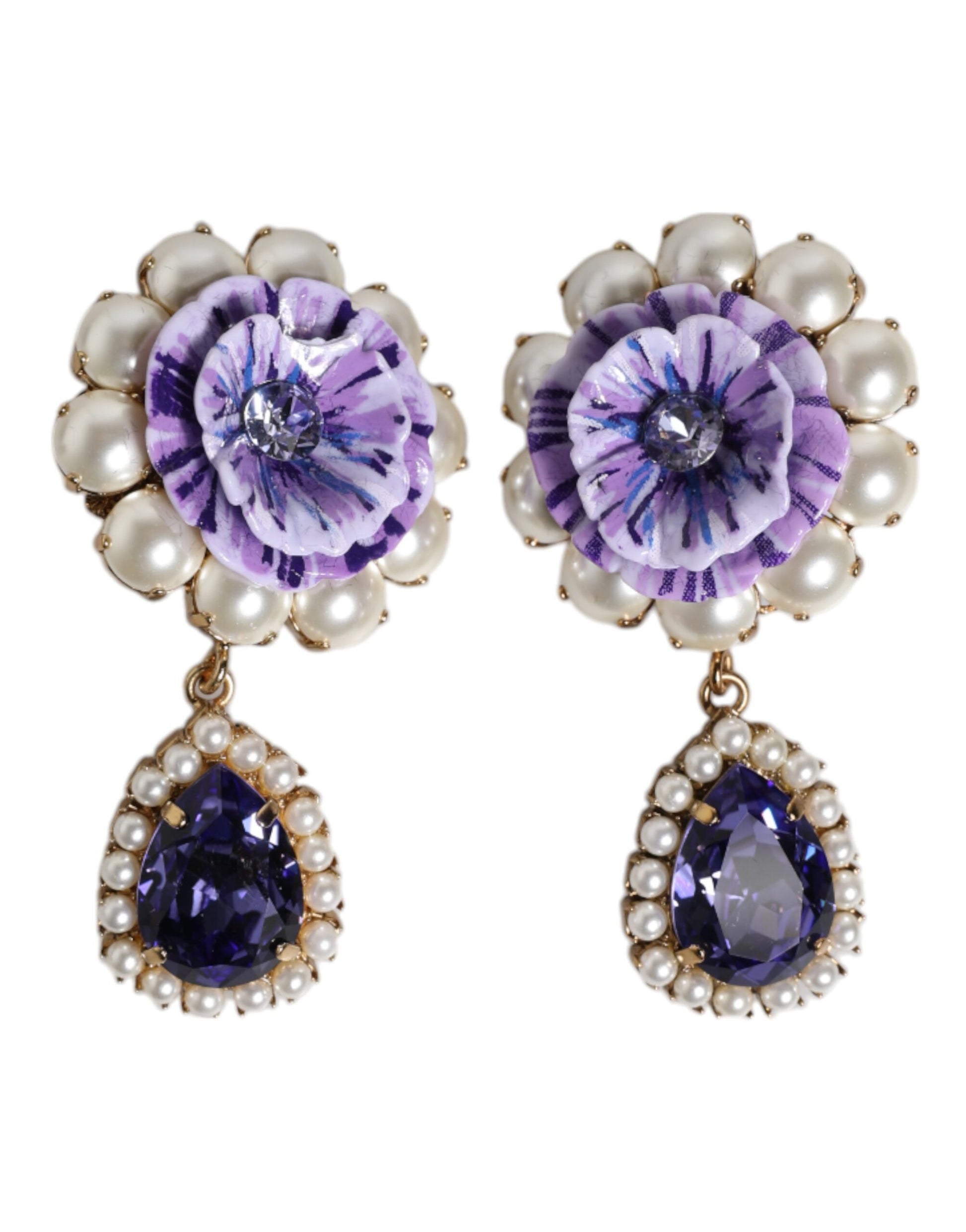 Dolce & Gabbana Lila Blume Perle Teardrop Kristalle Clip auf Ohrringe