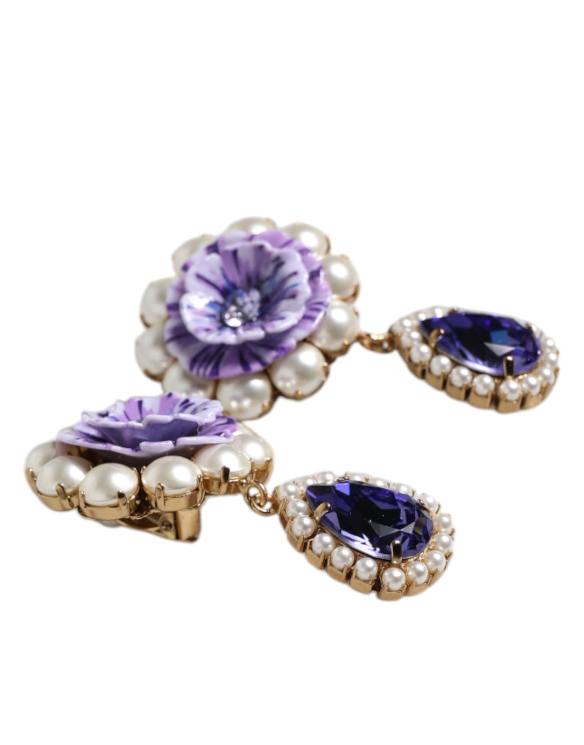 Dolce & Gabbana Lila Blume Perle Teardrop Kristalle Clip auf Ohrringe