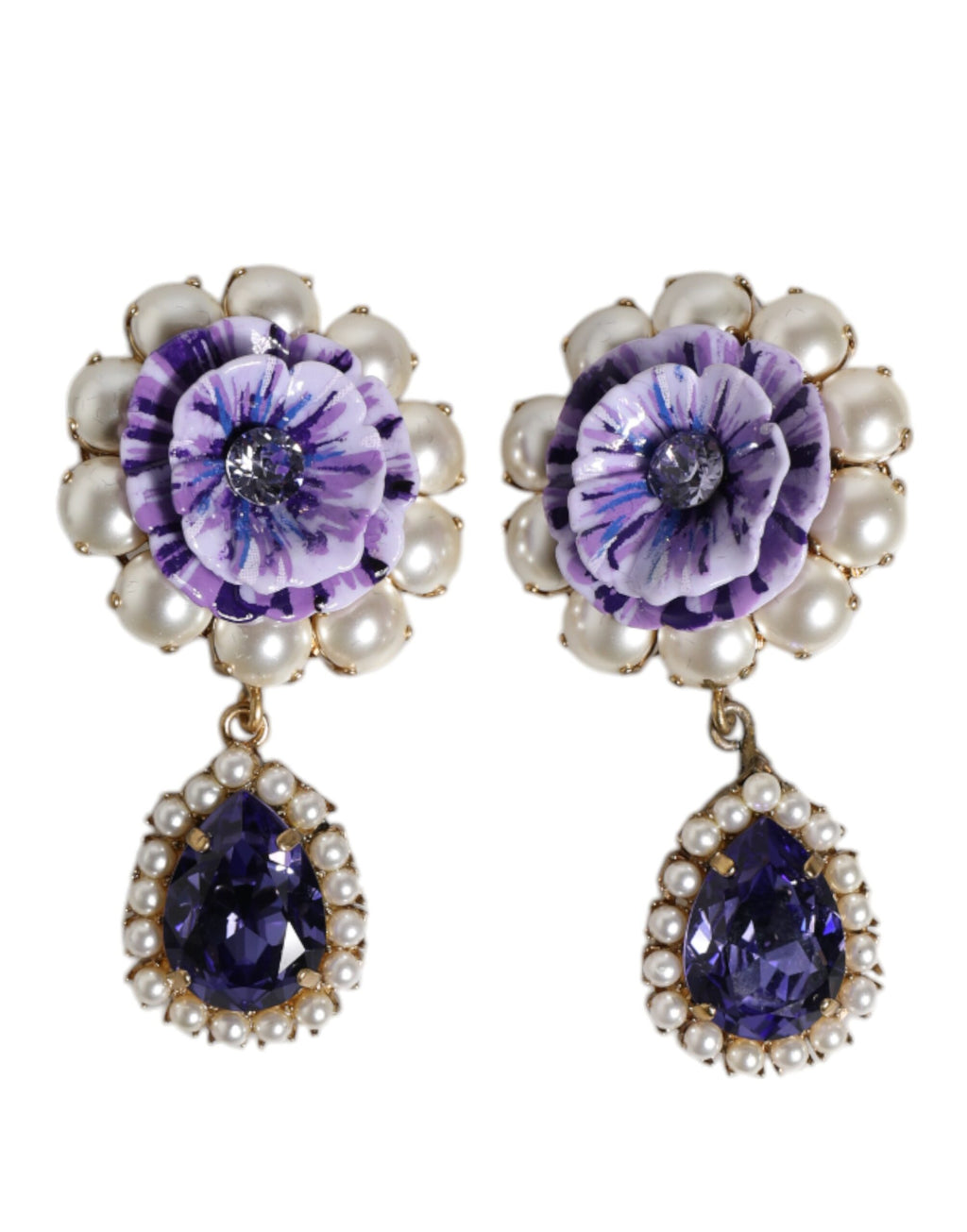 Dolce & Gabbana Lila Blume Perle Teardrop Kristalle Clip auf Ohrringe