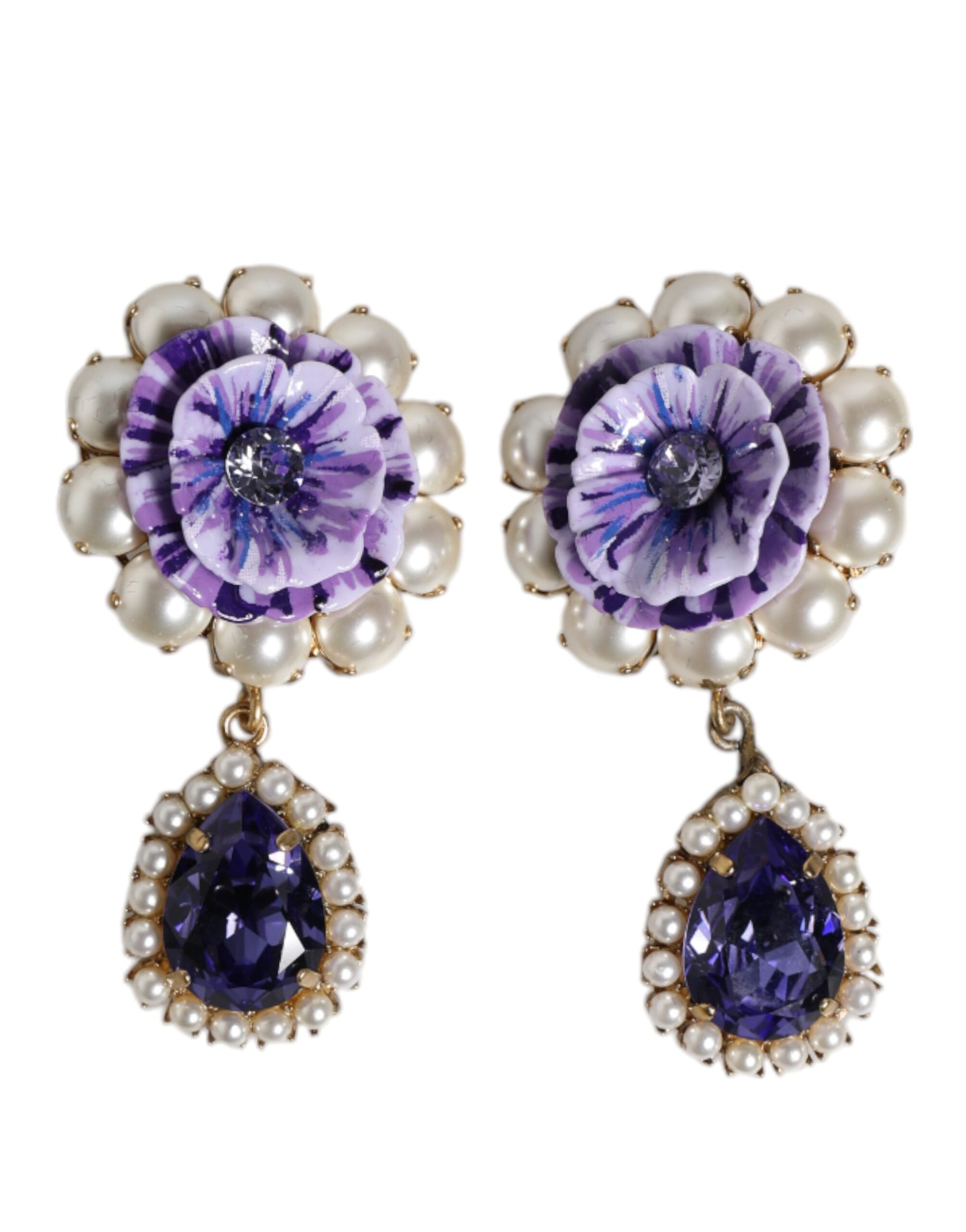Dolce & Gabbana Lila Blume Perle Teardrop Kristalle Clip auf Ohrringe
