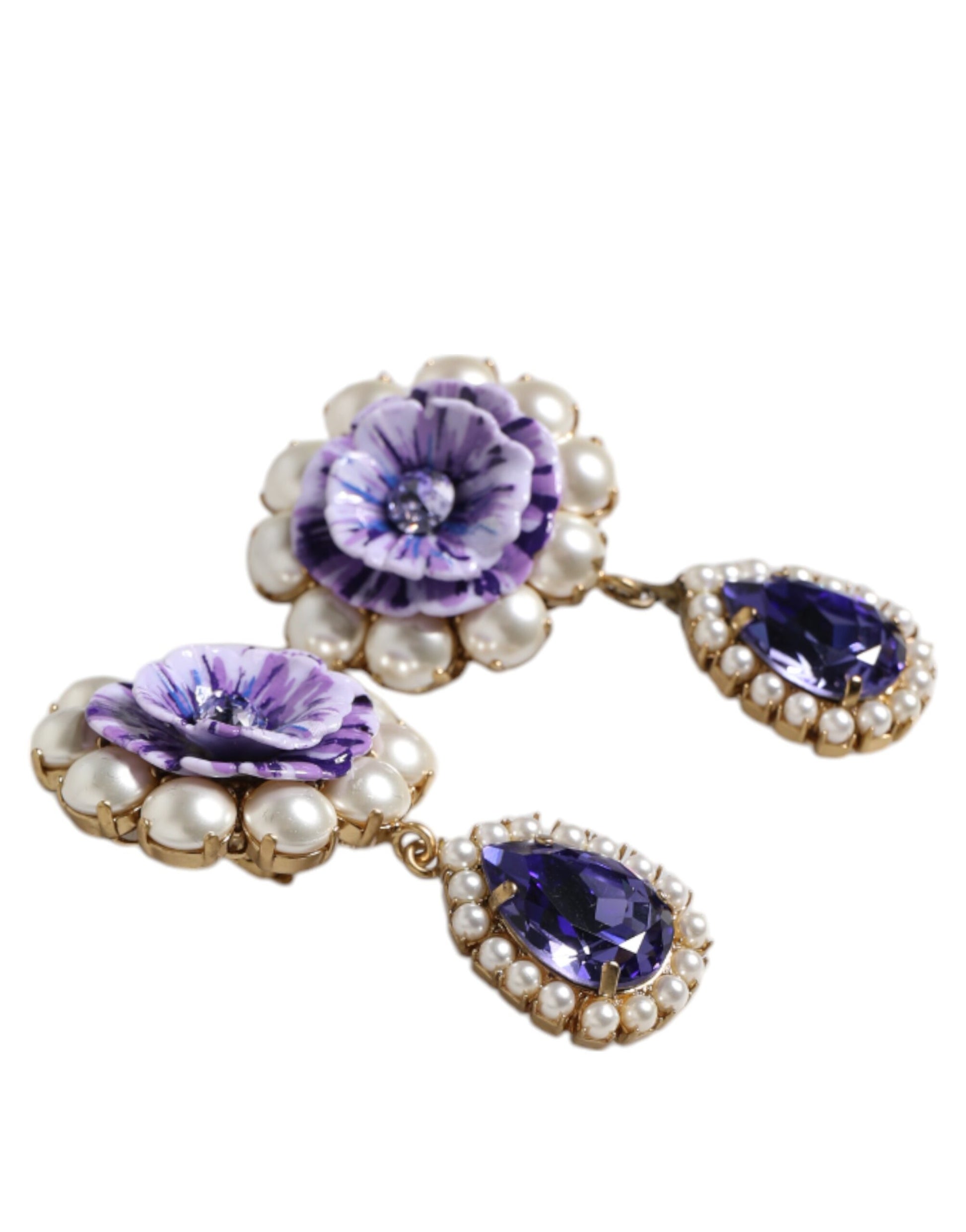 Dolce & Gabbana Lila Blume Perle Teardrop Kristalle Clip auf Ohrringe
