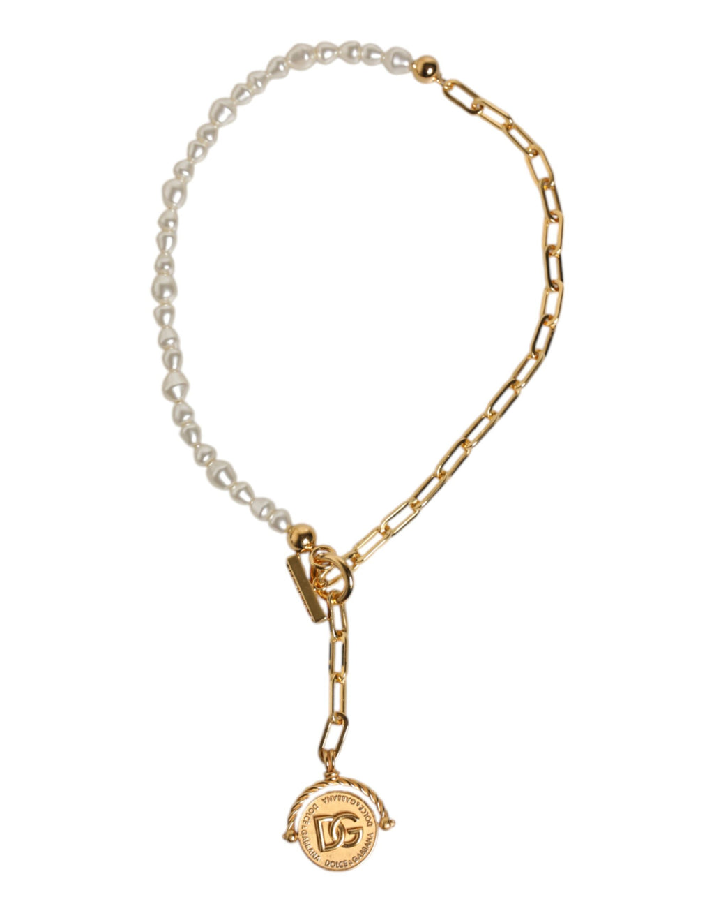 Dolce & Gabbana Goldkette Messing Faux Pearl Charm Logo Anhänger Halskette