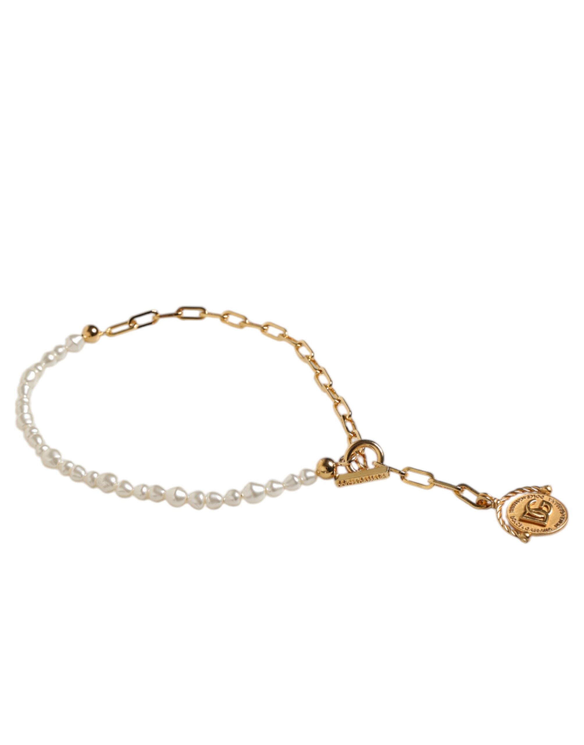 Dolce & Gabbana Goldkette Messing Faux Pearl Charm Logo Anhänger Halskette