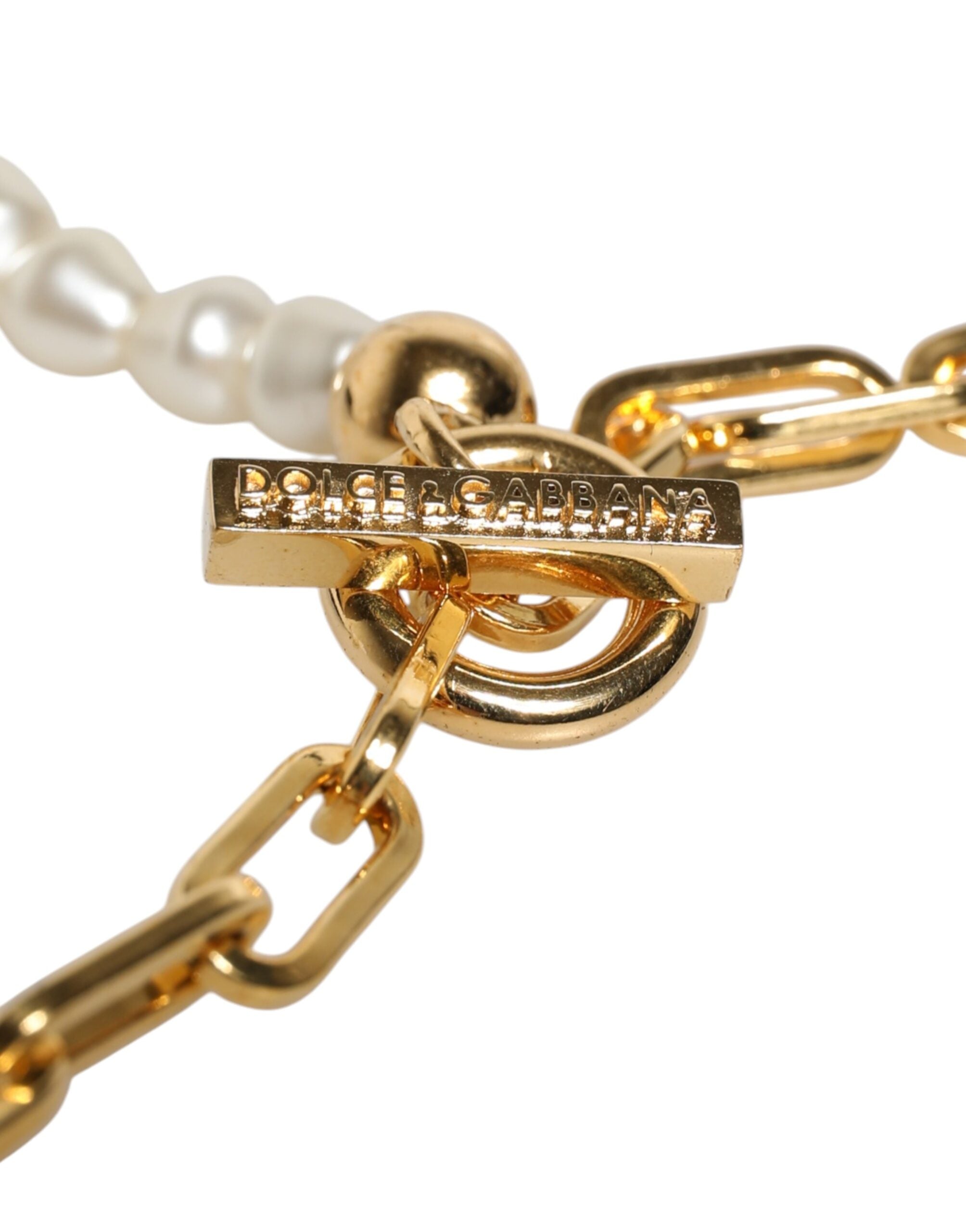 Dolce & Gabbana Goldkette Messing Faux Pearl Charm Logo Anhänger Halskette