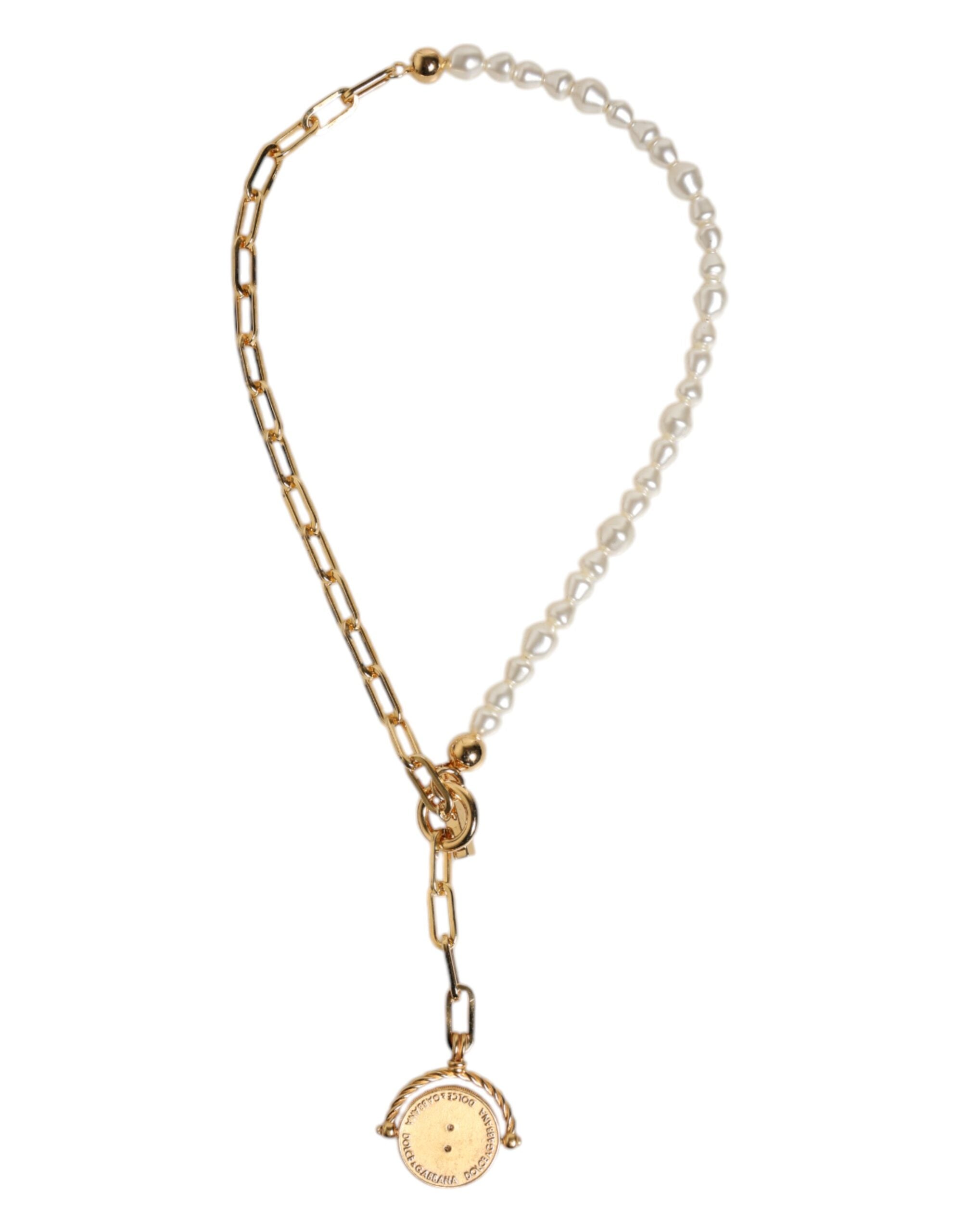 Dolce & Gabbana Goldkette Messing Faux Pearl Charm Logo Anhänger Halskette