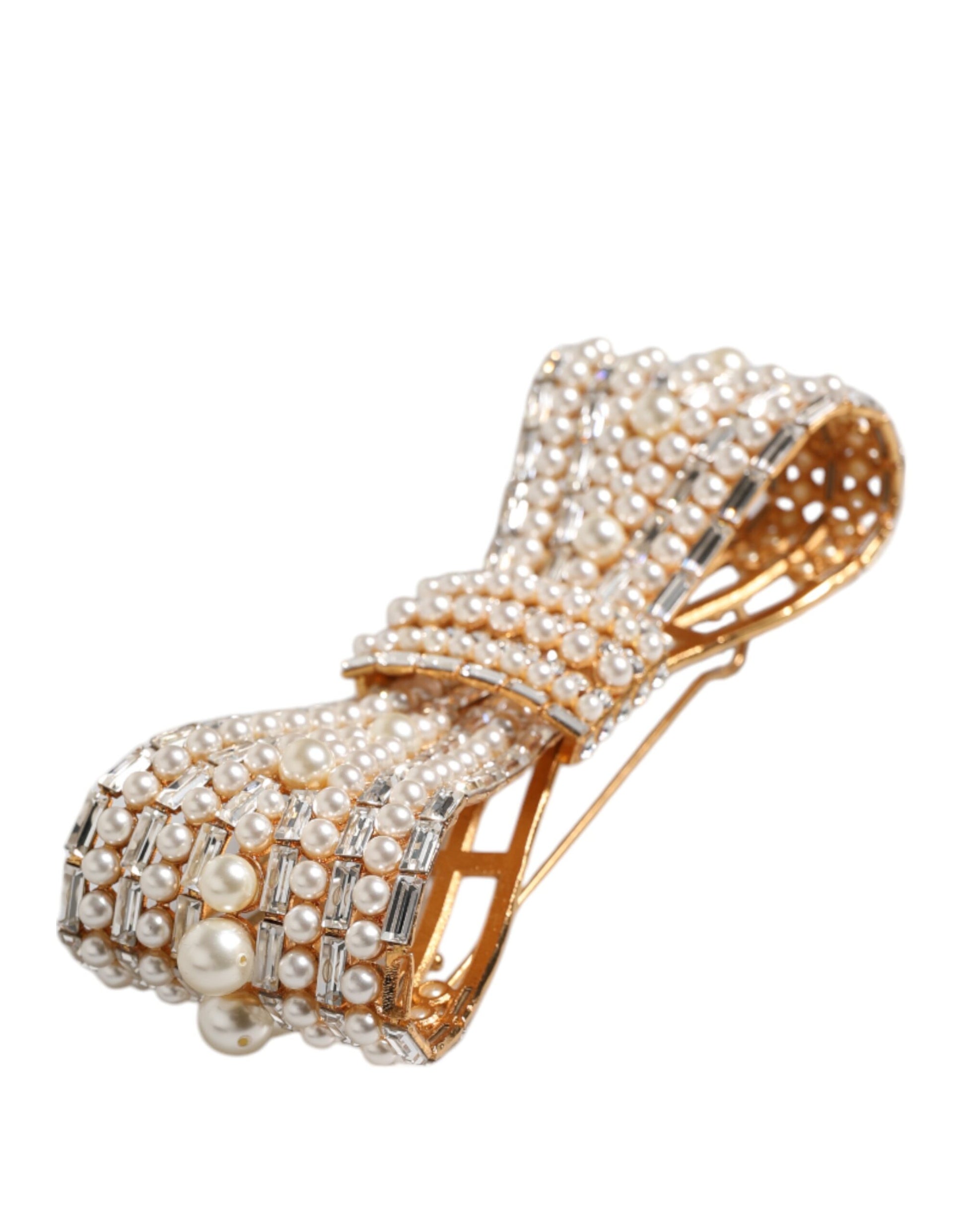 Dolce & Gabbana Gold-Ton Messing Bogen Kristall FauxPearl verschönert Brosche