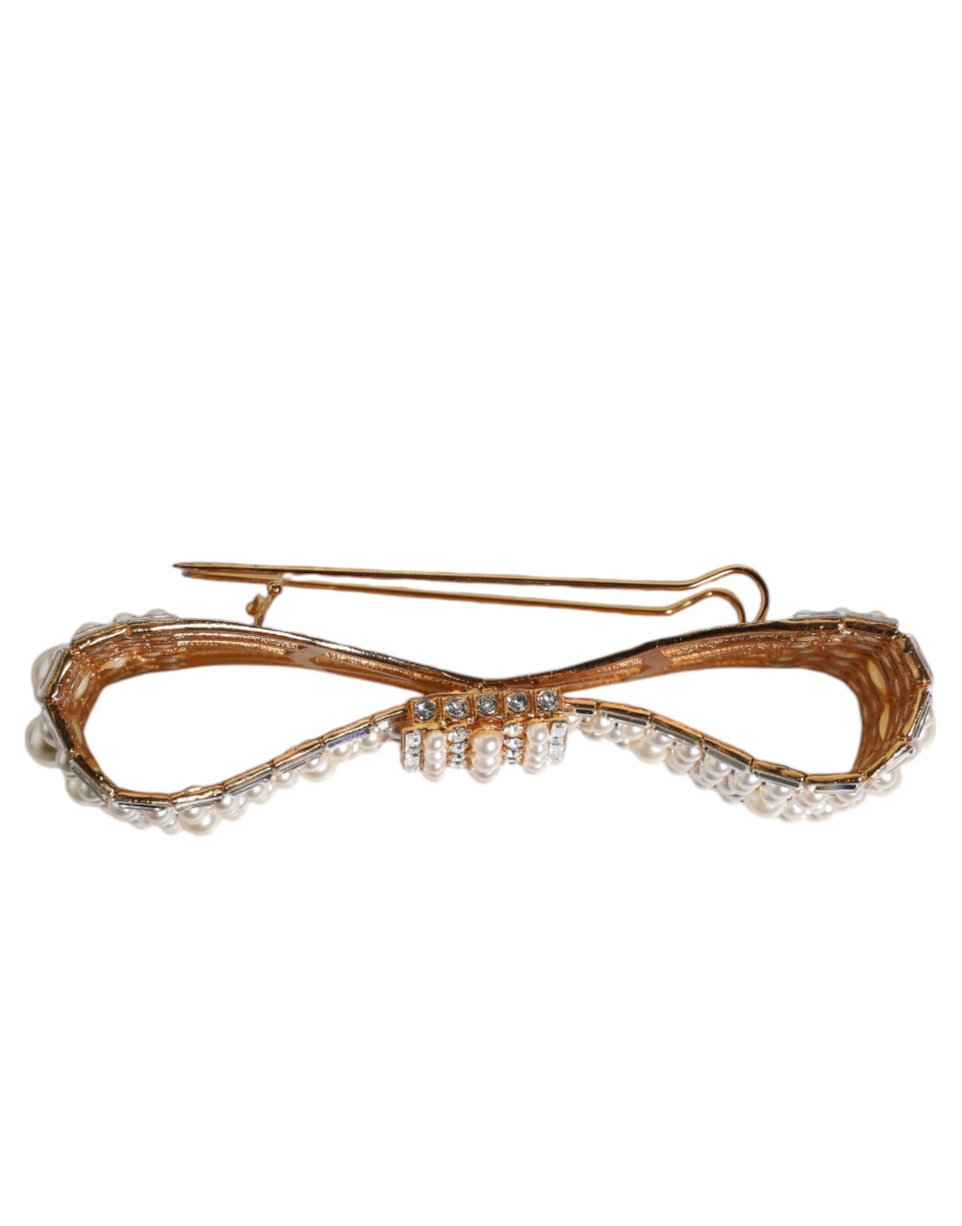 Dolce & Gabbana Gold-Ton Messing Bogen Kristall FauxPearl verschönert Brosche