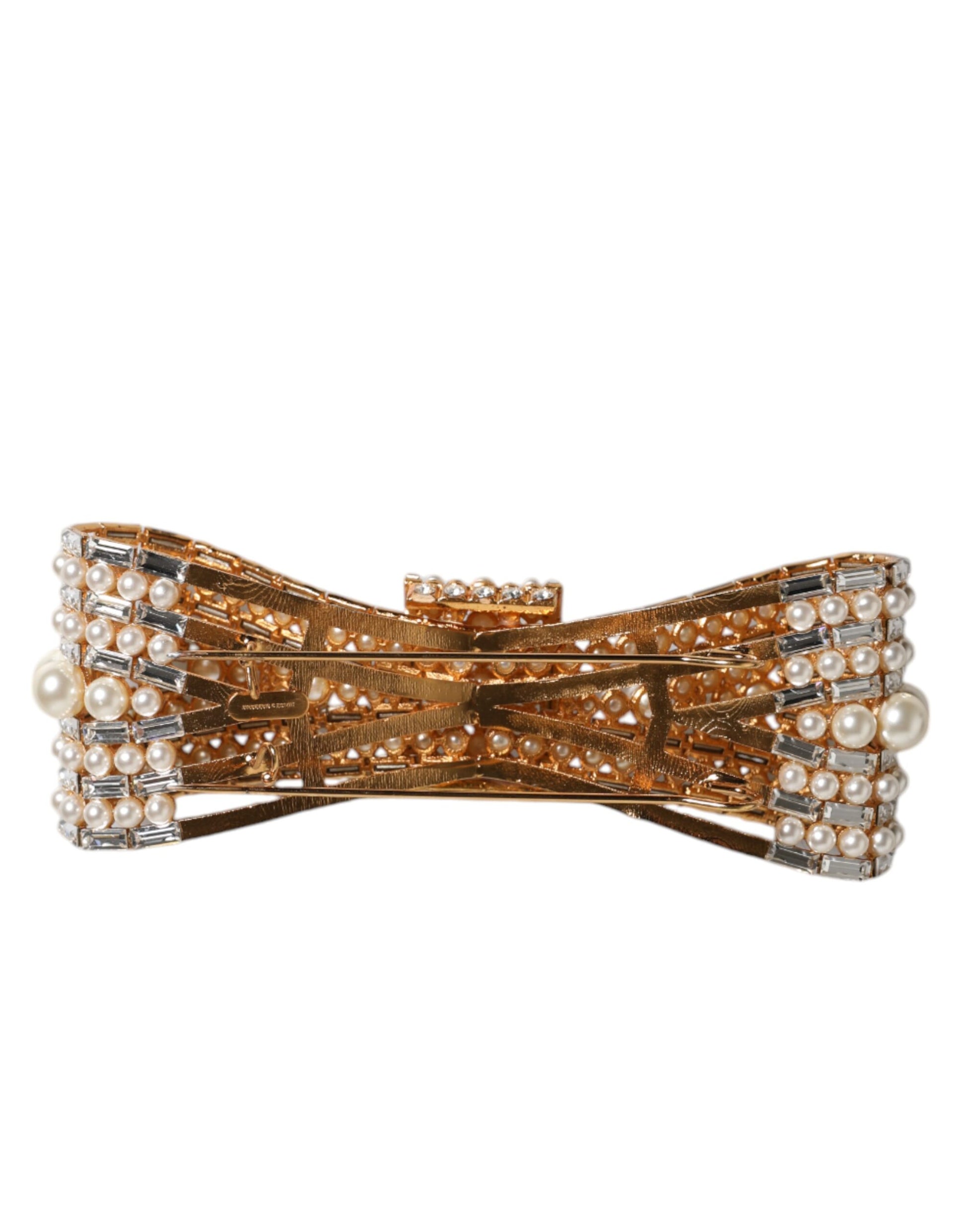 Dolce & Gabbana Gold-Ton Messing Bogen Kristall FauxPearl verschönert Brosche
