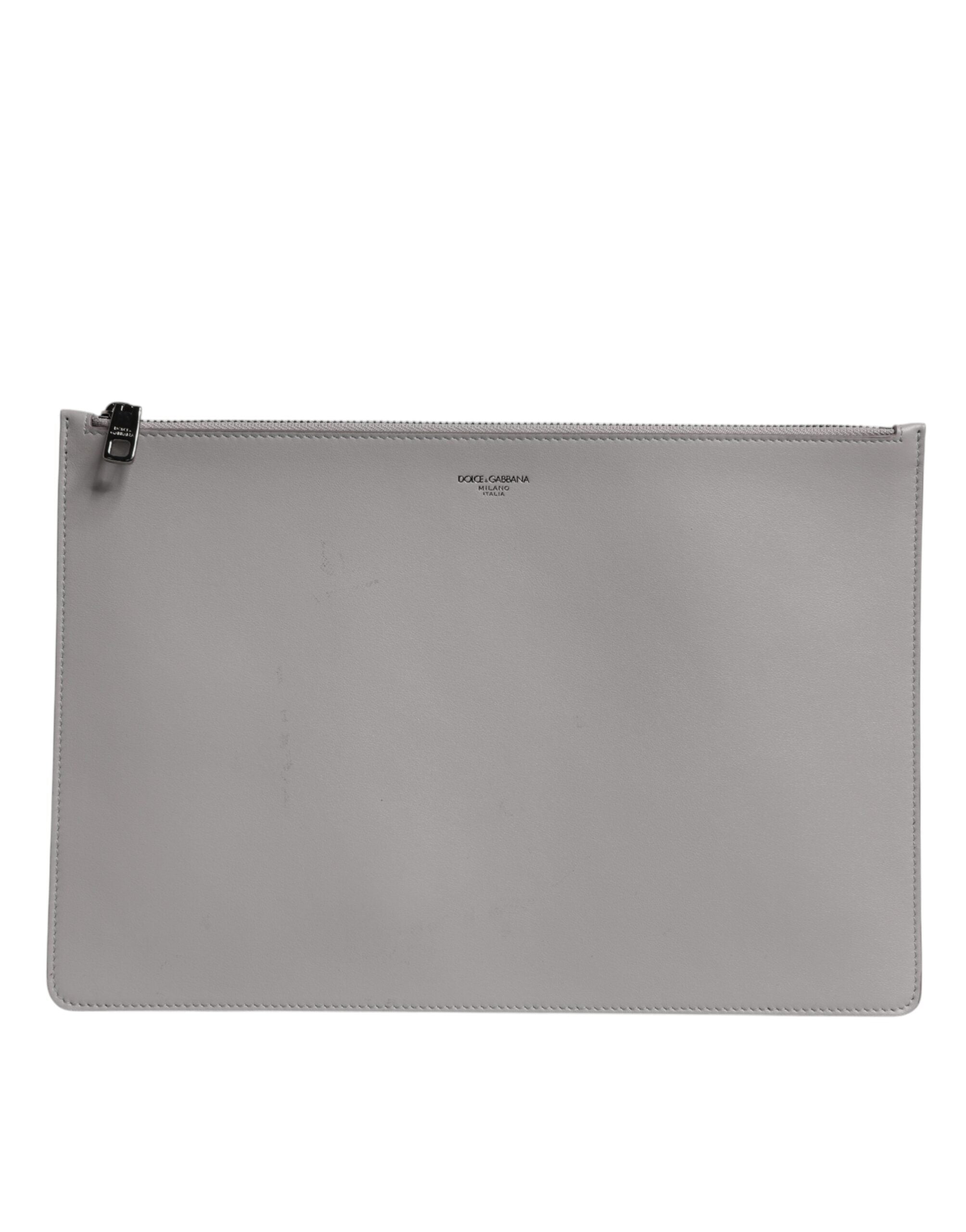 Dolce & Gabbana Graue Solid Leather DG Logo Herren Clutch Zip Pouch Tasche
