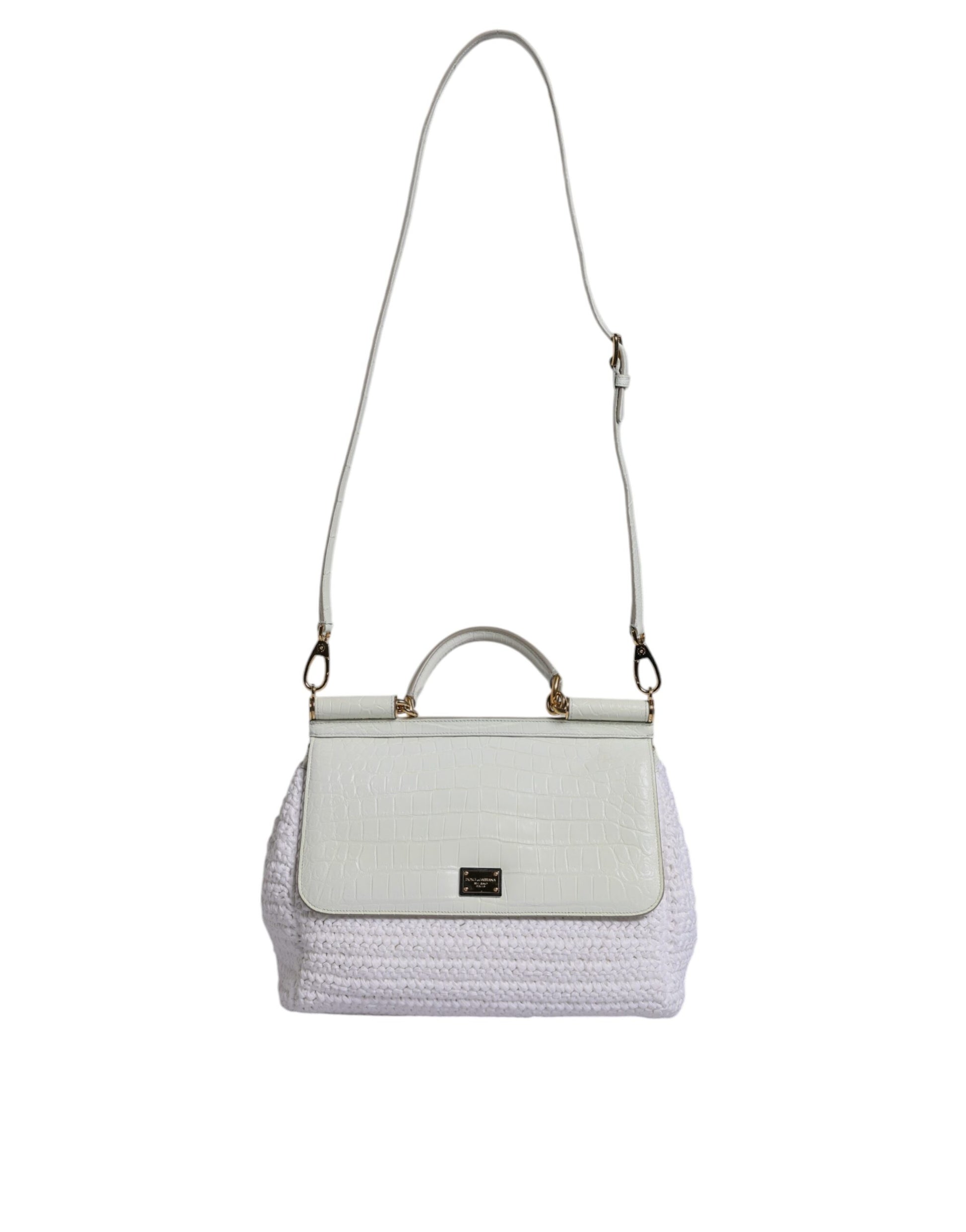 Dolce & Gabbana Weiße Rafia Leder Umhängetasche mit oberem Griff