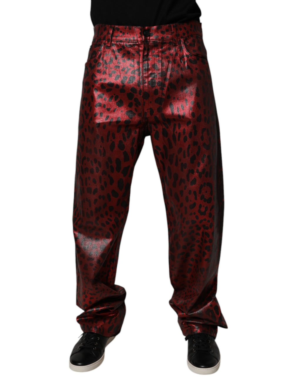 Dolce & Gabbana Rote Leopard-Baumwolle Gerade Männer Denim Jeans