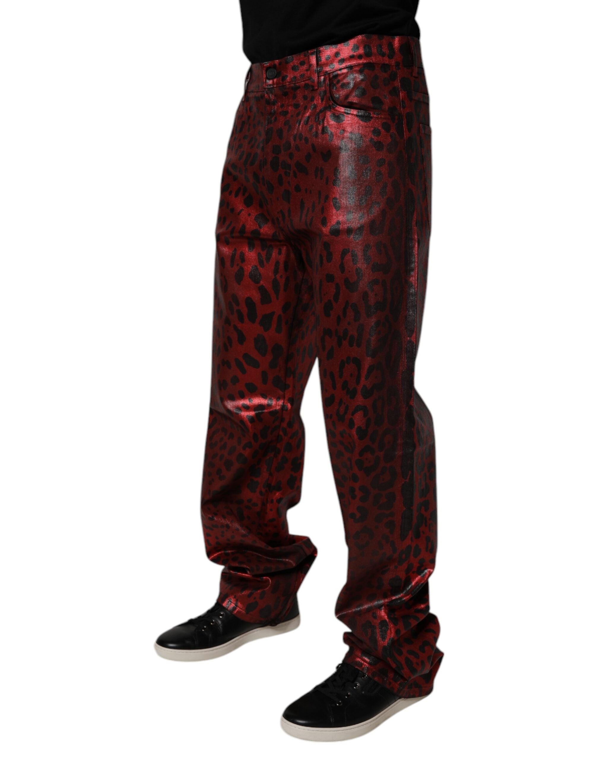 Dolce & Gabbana Rote Leopard-Baumwolle Gerade Männer Denim Jeans