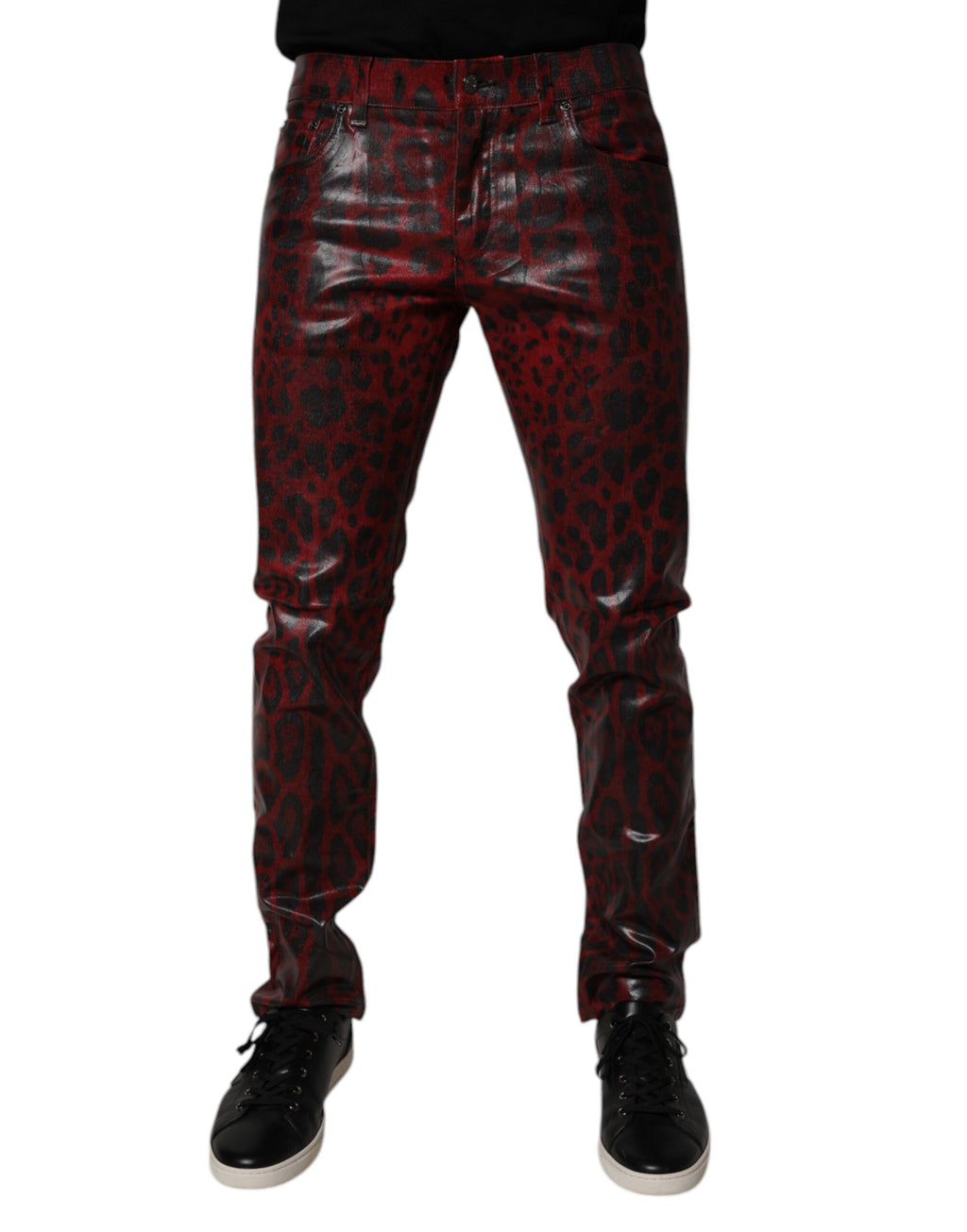Dolce & Gabbana Rote Leopard Baumwolle Skinny Männer Denim Jeans