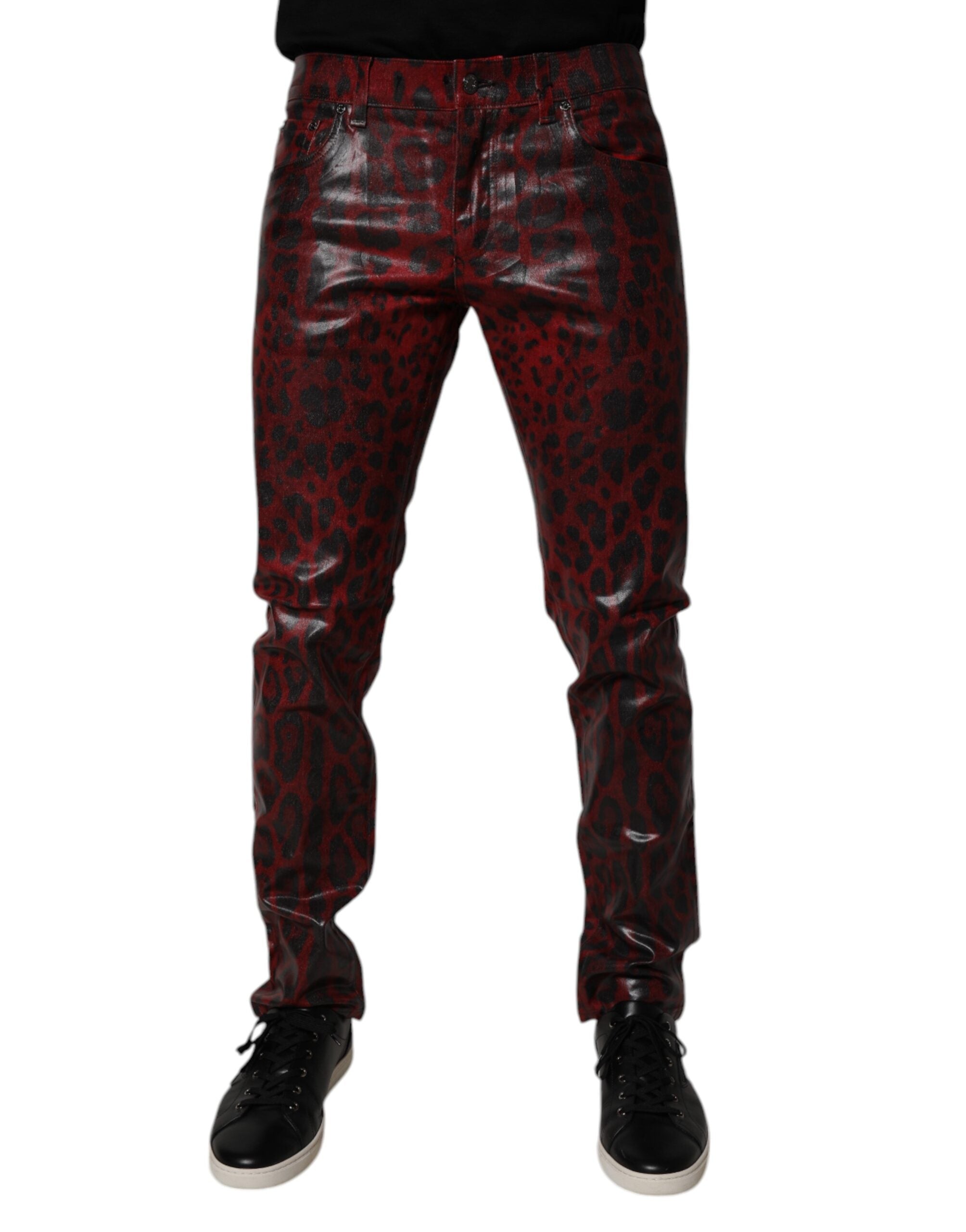 Dolce & Gabbana Rote Leopard Baumwolle Skinny Männer Denim Jeans