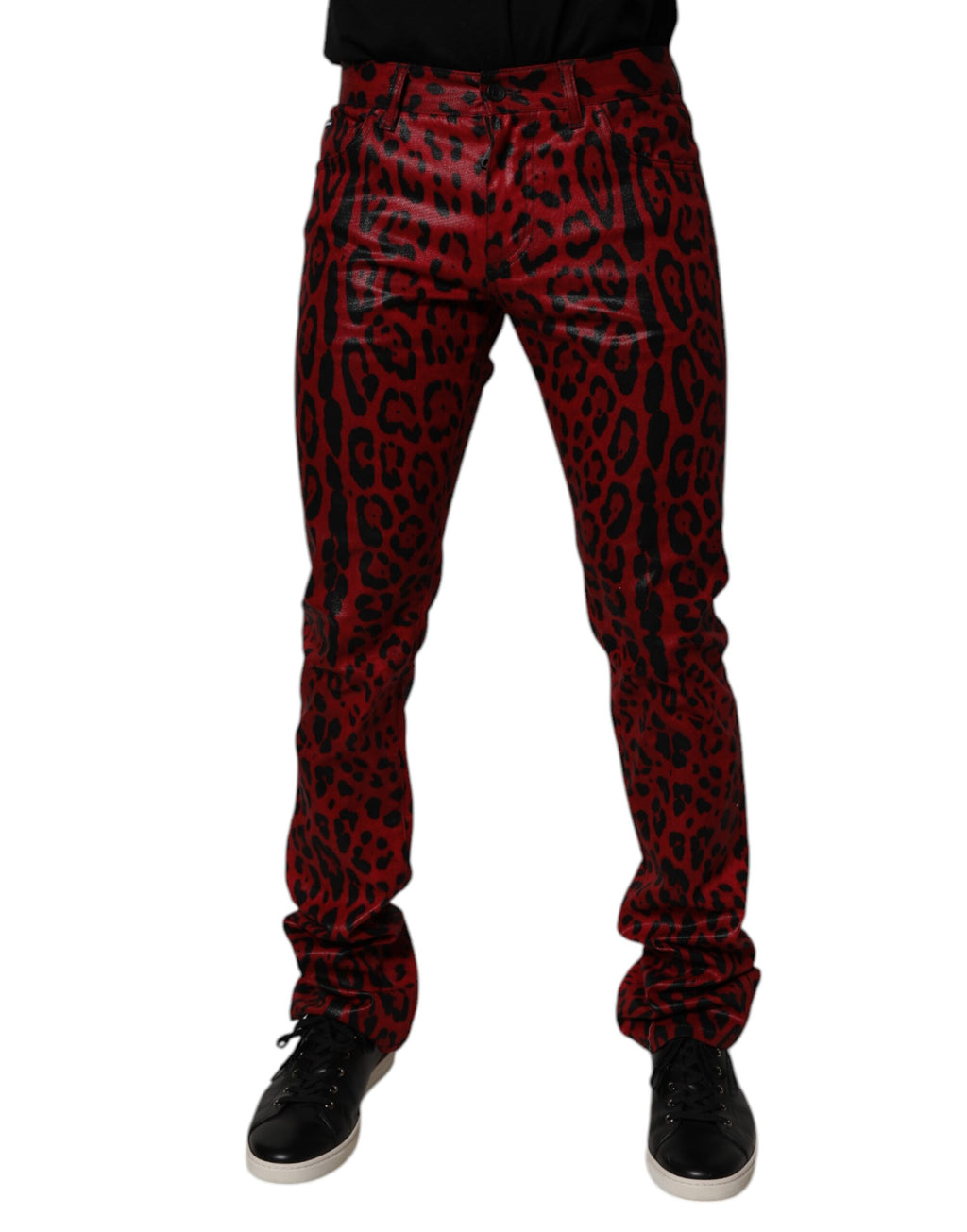 Dolce & Gabbana Rote Leoparden-Baumwolle Slim Fit Denim Jeans