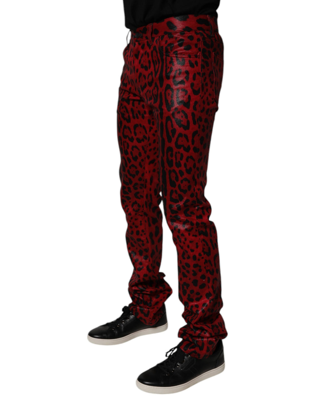 Dolce & Gabbana Rote Leoparden-Baumwolle Slim Fit Denim Jeans