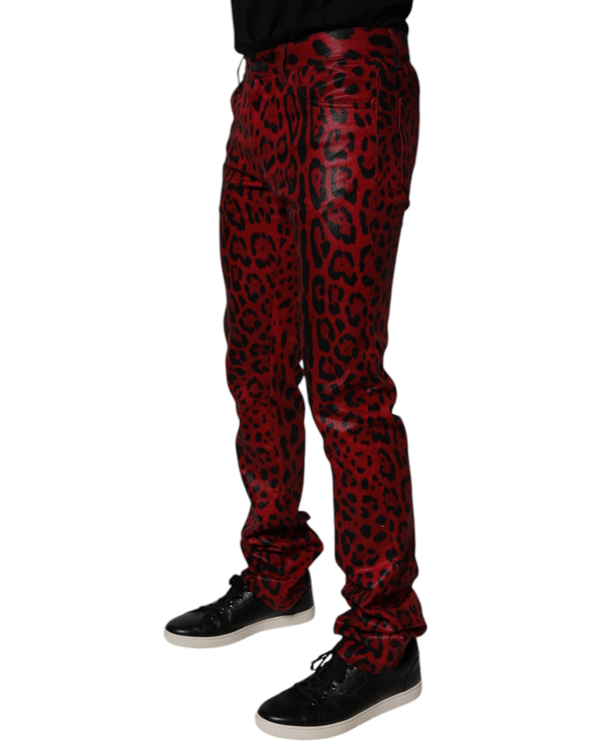 Dolce & Gabbana Rote Leoparden-Baumwolle Slim Fit Denim Jeans