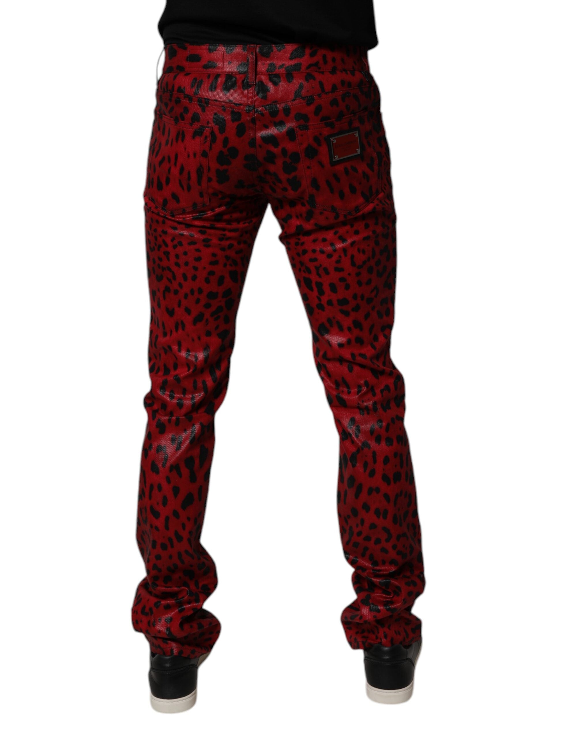 Dolce & Gabbana Rote Leoparden-Baumwolle Slim Fit Denim Jeans
