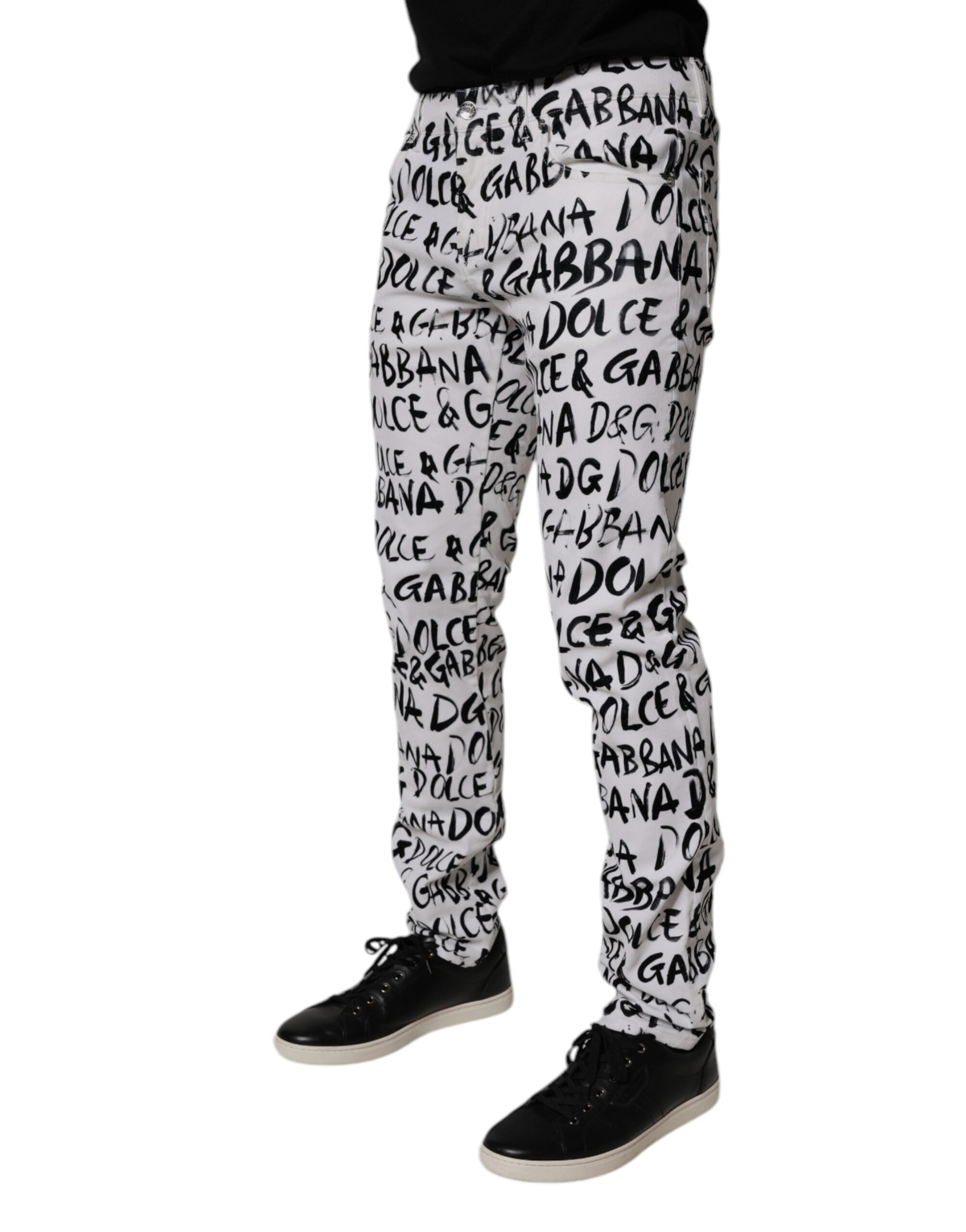 Dolce & Gabbana Weiße Logo bedruckte Skinny Denim Jeans aus Baumwolle