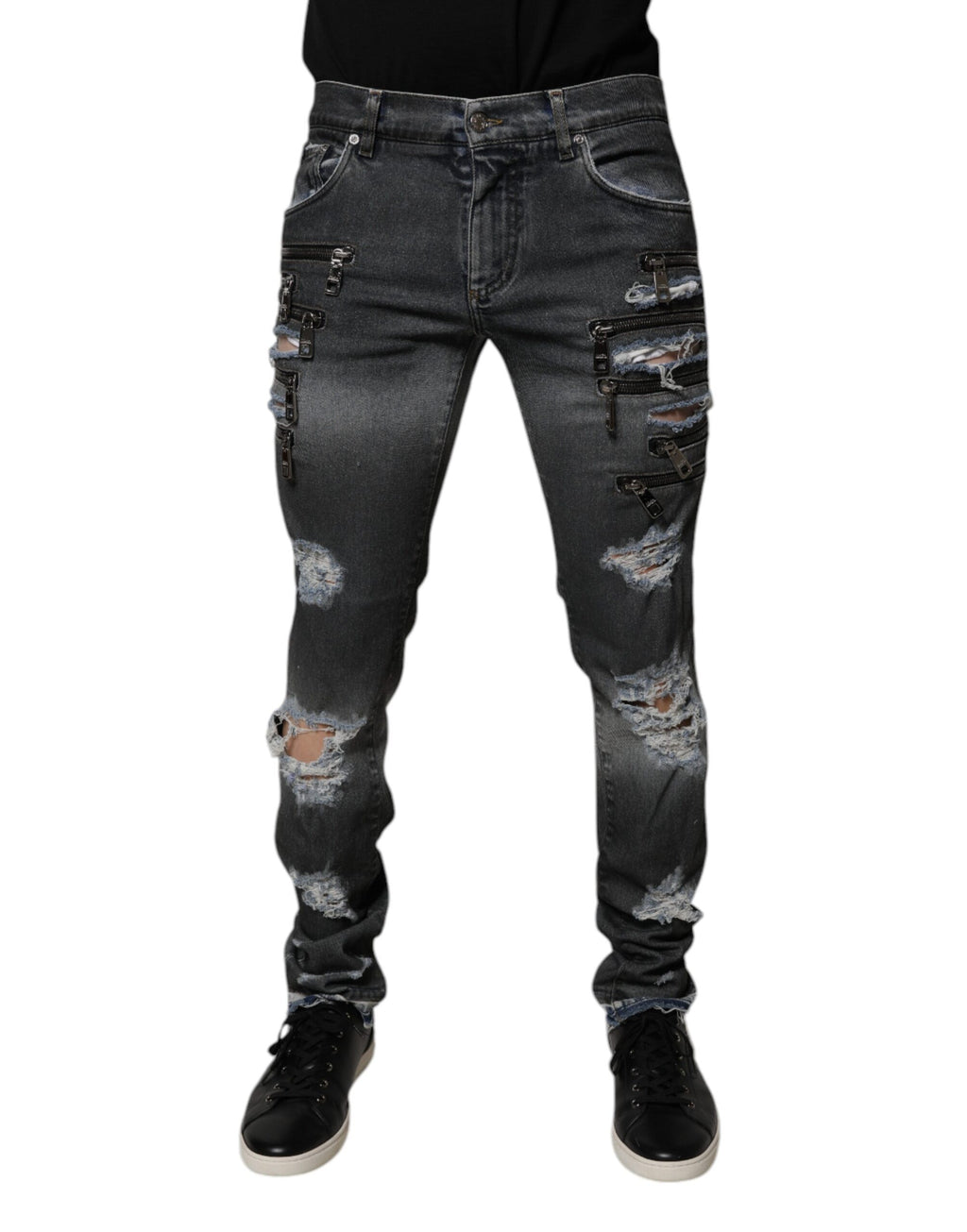 Dolce & Gabbana Dunkelgraue zerfledderte Baumwoll-Skinny-Denim-Jeans