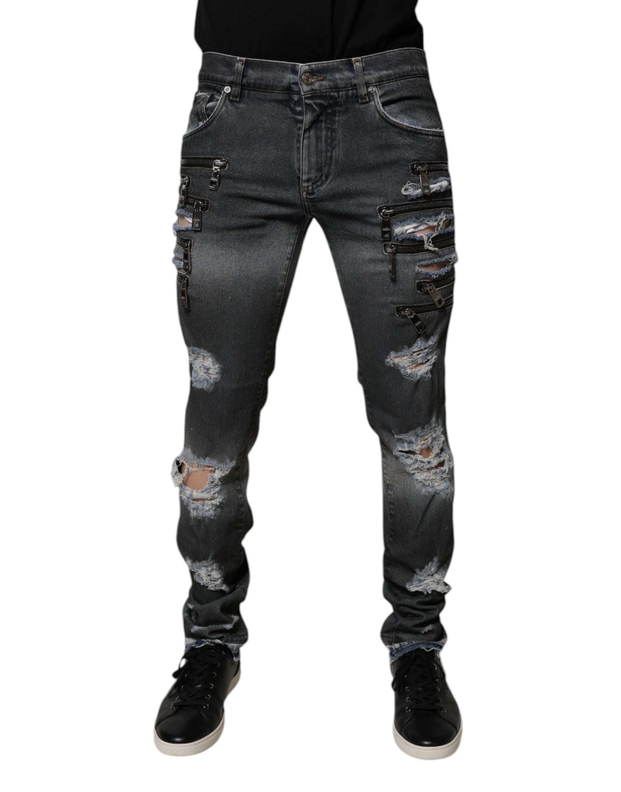 Dolce & Gabbana Dunkelgraue zerfledderte Baumwoll-Skinny-Denim-Jeans