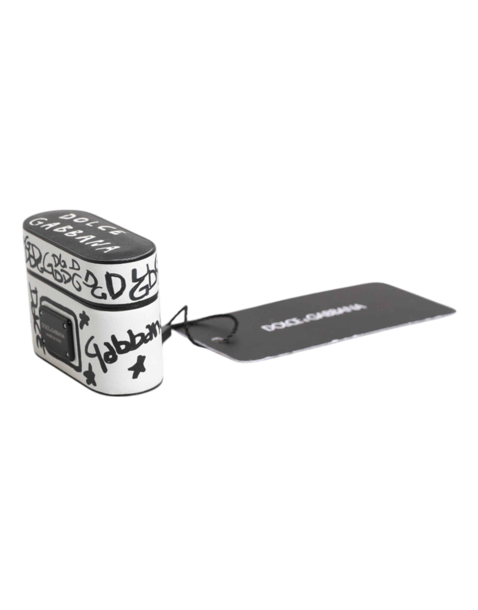 Dolce & Gabbana Schwarzes weißes Leder Scribble mit geprägtem Logo Airpods Etui
